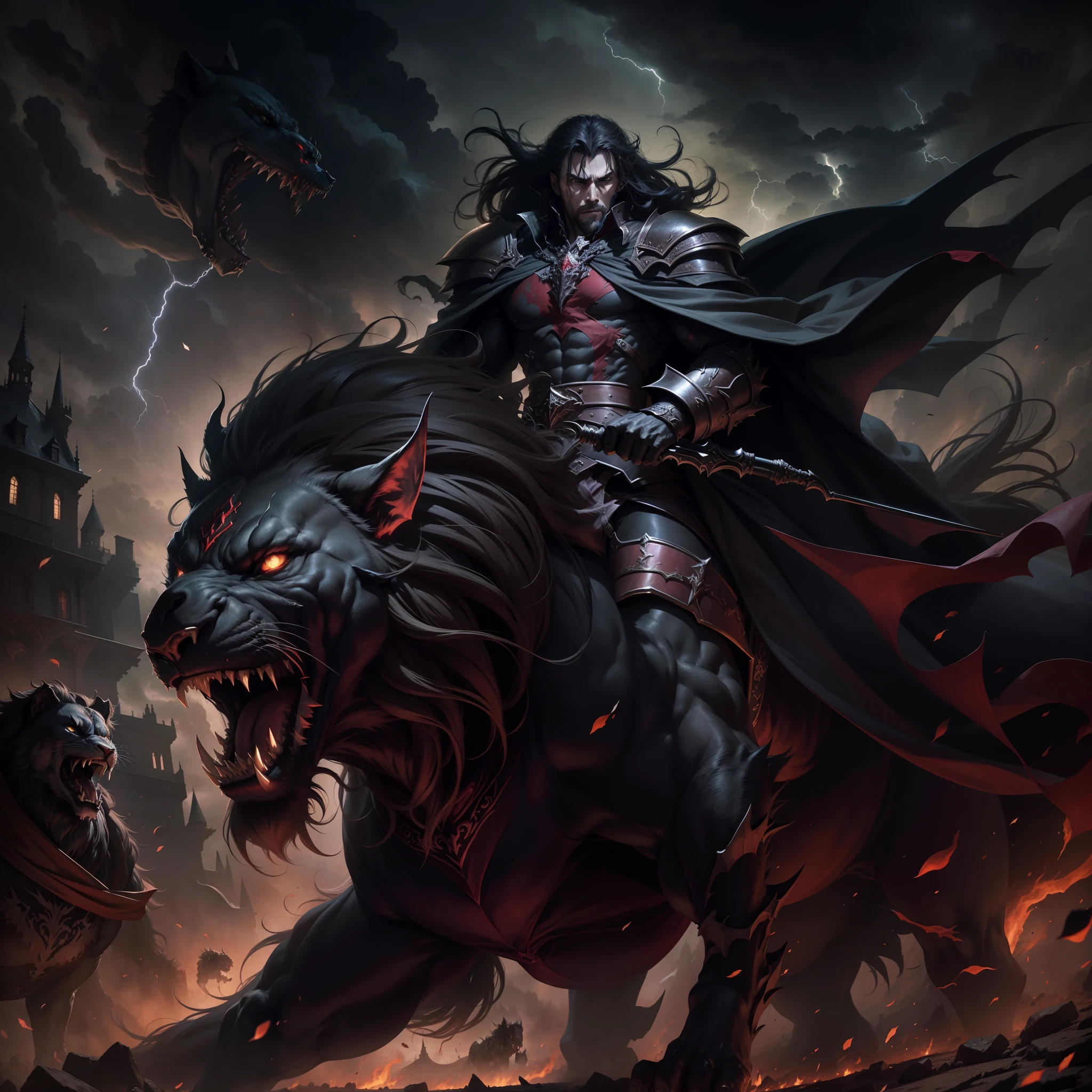 Castlevania Lord of the shadows lord dracula going for battle riding great Legendary roaring lion with thunder storm environnement surrounded by devils and demons to battle cinématique scènes movie