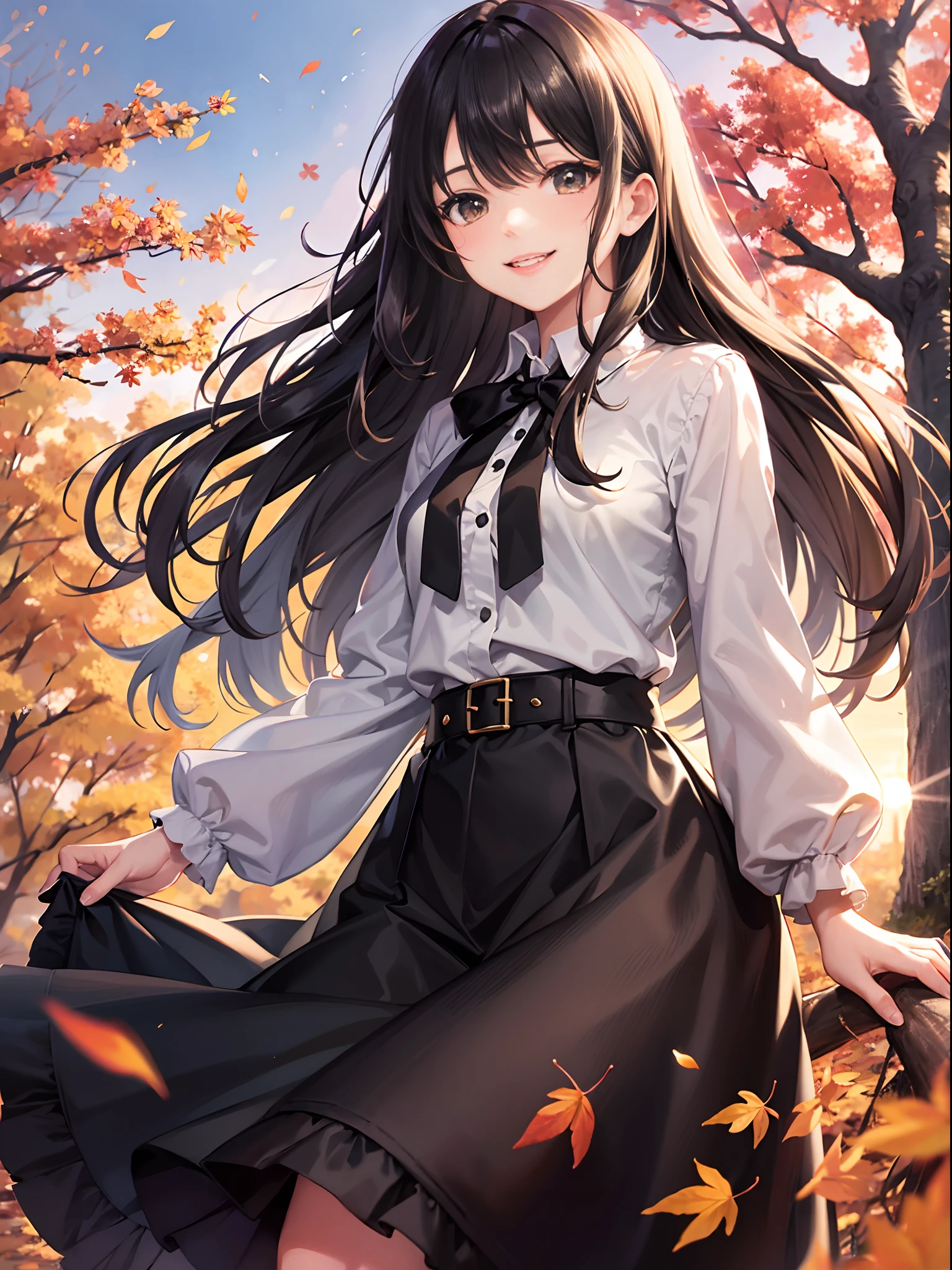Hill of autumn leaves,Pretty girl,Evening glow,Long skirt with yellow and brown ruffles、a smile、Black long hair、Black eyes、White blouse,Skirt is wind、Watching the sunset,face lights