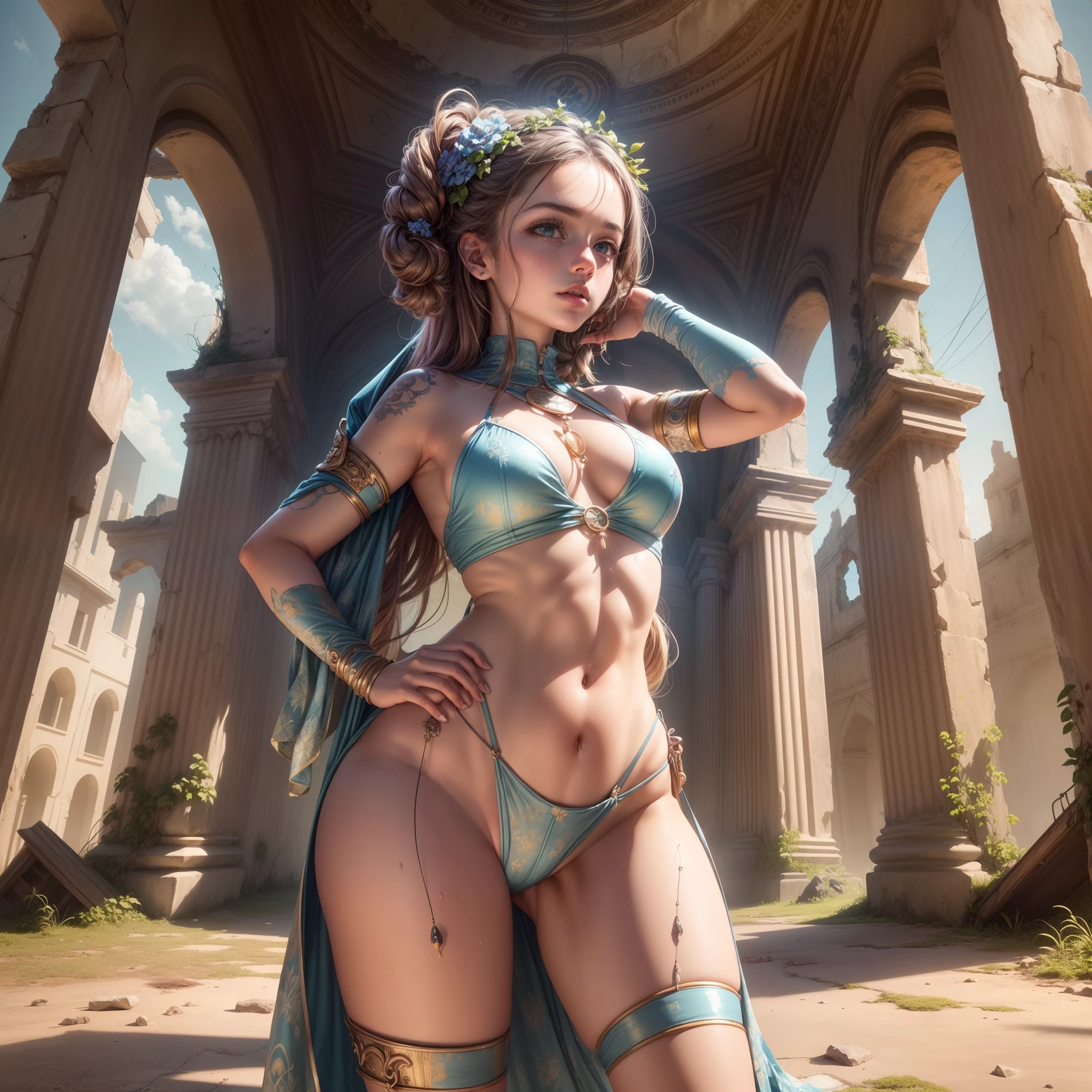 1girl, uma menina como salva-vidas, standing with hands on hips, looking at the floor, ao sol em uma torre salva-vidas branca, Swimming board, magro, Abs, costelas, peito achatado, seios pequenos (anatomia perfeita), (sobrancelhas detalhadas, olhos bonitos, pele realista, rosto detalhado:1. 3),Saia linha A,Cabelo em ouro rosa, cabelos lisos,(intricately detailed post apocalyptic ruins ((intricately detailed rusty decayed overgrown building)) , ultra realistic, arte conceitual, elegante, altamente detalhado, intrincado, foco nítido, profundidade de campo, F/1.8, 85 millimeters, medium shot, tiro no meio, (Centered image composition), (profissionalmente colorido), ((luz difusa suave brilhante)), volumetric fog, trending in instagram, Trending on Tumblr, HDR 4K, 8k ,