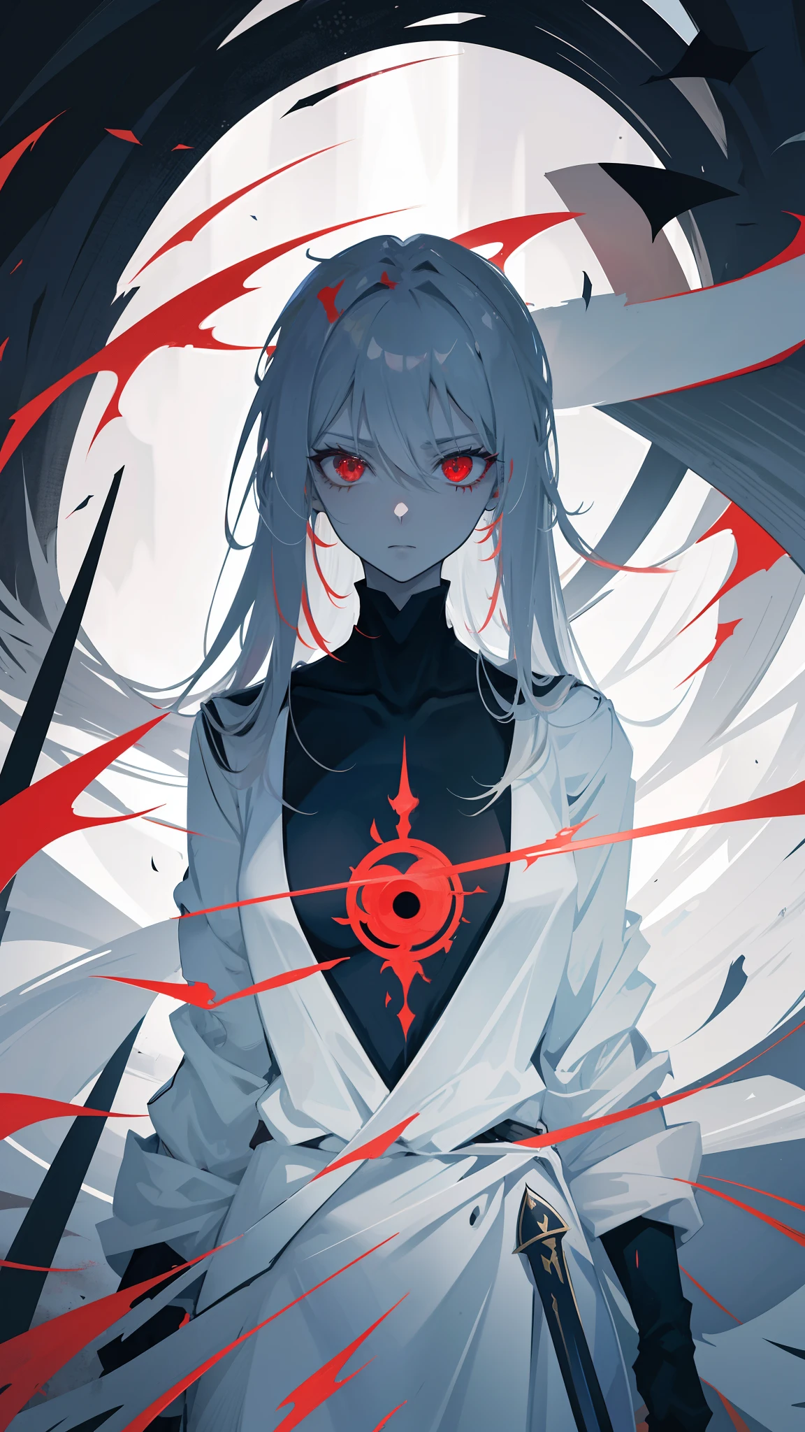 2d Flat Anime. High quality. 8k. Woman. Red eyes. Grey skin. Swords. Excalibur. Black melted makeup. Windy. Autumn. Spirit. Equilibrium
