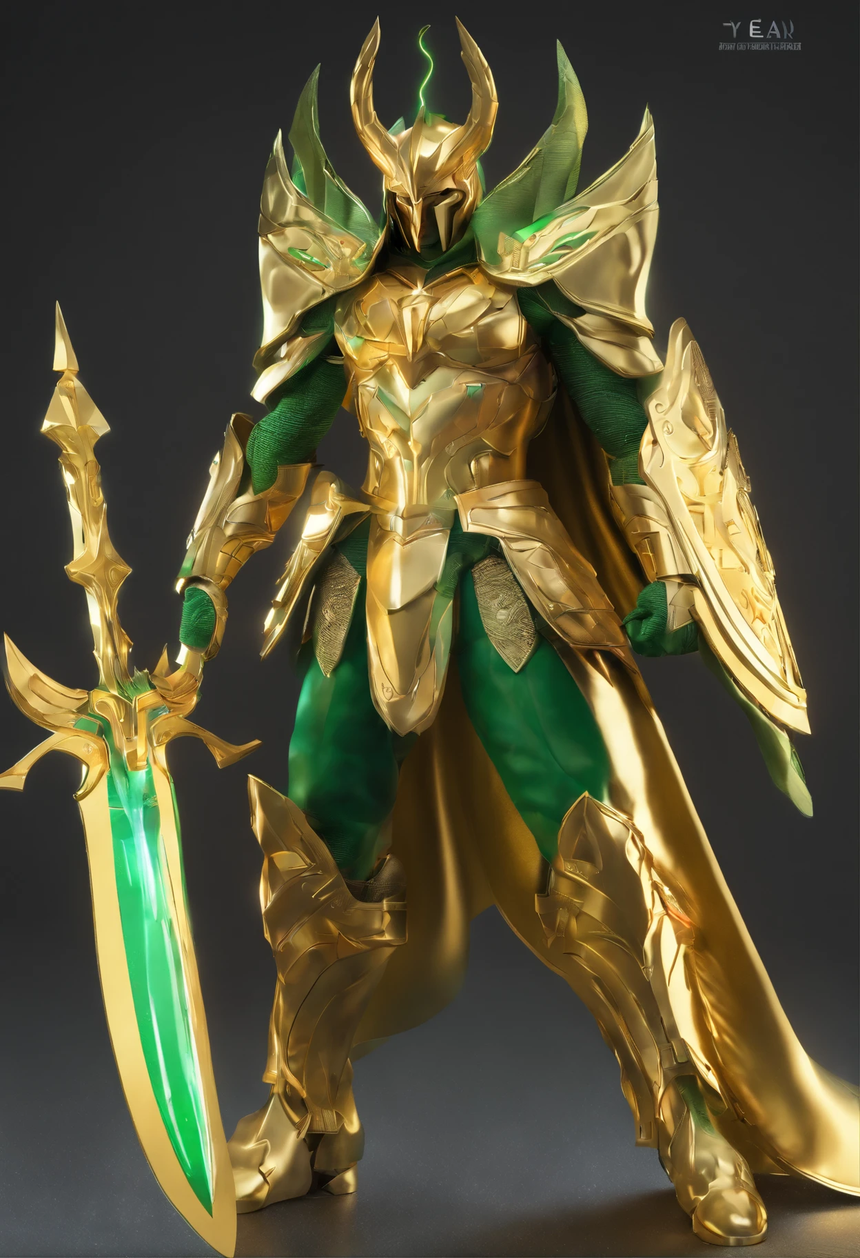 Capricorn shura saint seiya gold saint gold fabric ultra realistic gold armor 4k astrological sign of man green hair in spades up capricorn arm sword Excalibur blade green helmet 2 horns front white cape