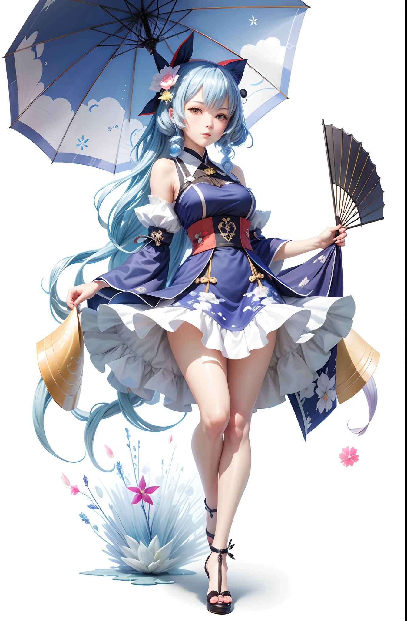 ultra realistic, anime girl with umbrella and fan in blue dress, cute anime waifu in a nice dress, anime moe artstyle, anime goddess, onmyoji, lunar themed attire, azur lane style, touhou character, from the azur lane videogame, best anime 4k konachan wallpaper, anime full body illustration, onmyoji detailed art, pixiv style