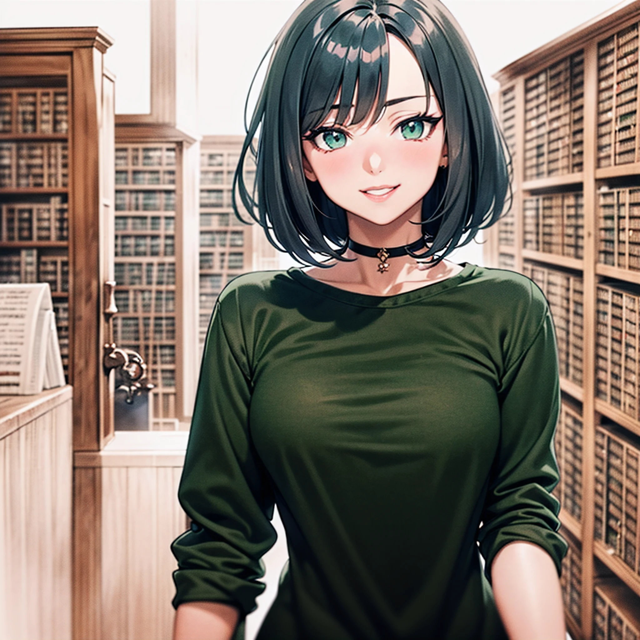 ((1girl:2)), ((solo)),((ultra sharp)),(((masterpiece))), (((best quality))), ((ultra-detailed)),((in library:2)), (highly detailed CG illustration), ((an extremely delicate and beautiful)),((From slight side)),((Near-black, deep muted dark green t-shirt:1.5)), ((Very dark green t-shirt:1.5)),((plain t-shirt:1.5)),(long sleeves:1.5),(Casual T-shirt), (The side of one arm is visible),(very loose T-shirt:1.2), (plain t-shirt), upper body,portrait of an anime girl, t-shirt,dark gray hair, (short hair), (dark green eyes:1.3), (straight hair:1.2),looking at viewer,smiling,bad-girl,mature female, anime girl with short hair, ((medium breasts:1.3)), cute natural anime face, detailed anime soft face, cute anime face, flat anime style shading, face anime portrait, made with anime painter studio, semirealistic anime style, perfect anime face, extremely cute anime girl face, high detailed face anime, pretty anime face, semi realistic anime, detailed anime face
