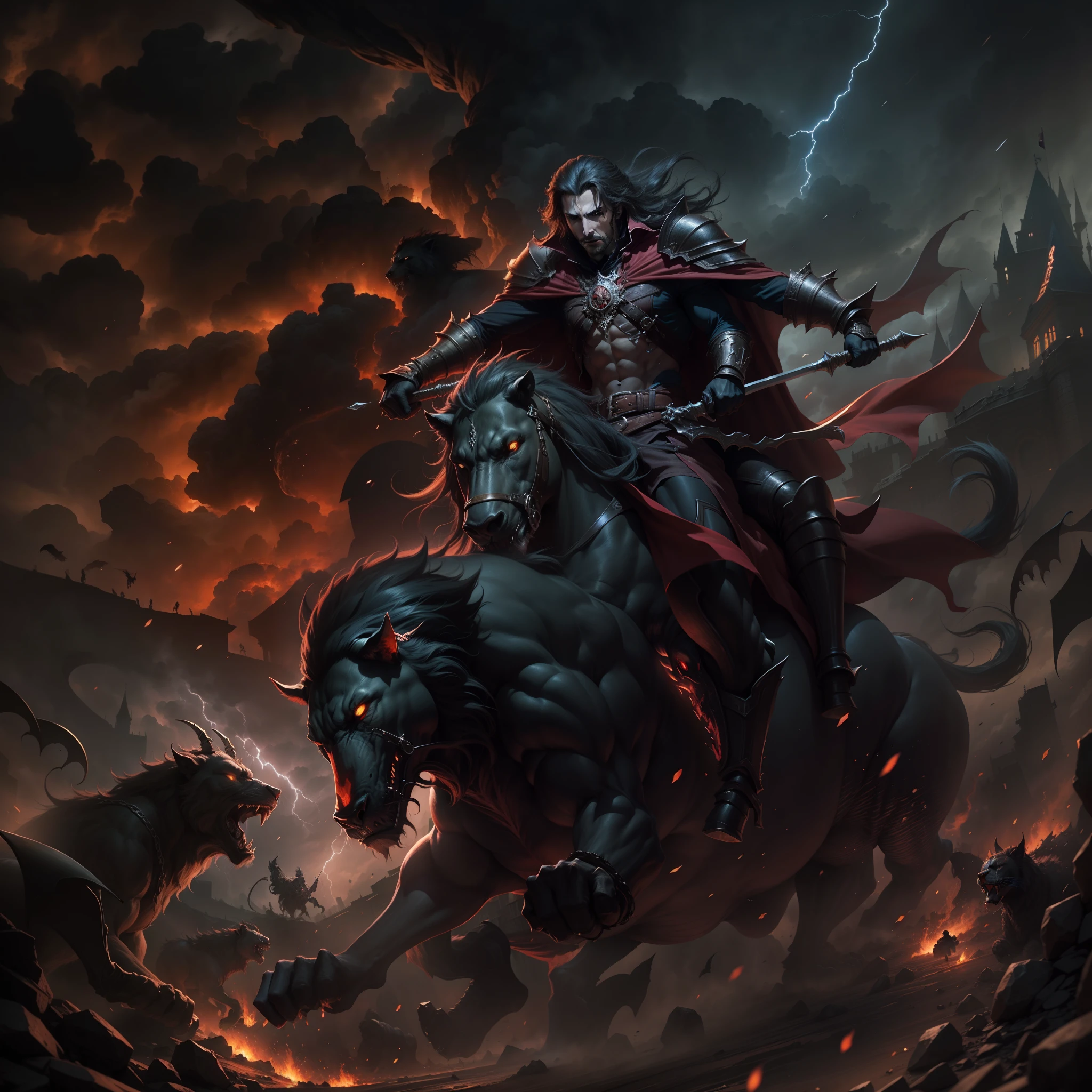 Castlevania Lord of the shadows lord dracula going for battle riding great Legendary roaring lion with thunder storm environnement surrounded by devils and demons to battle cinématique scènes movie