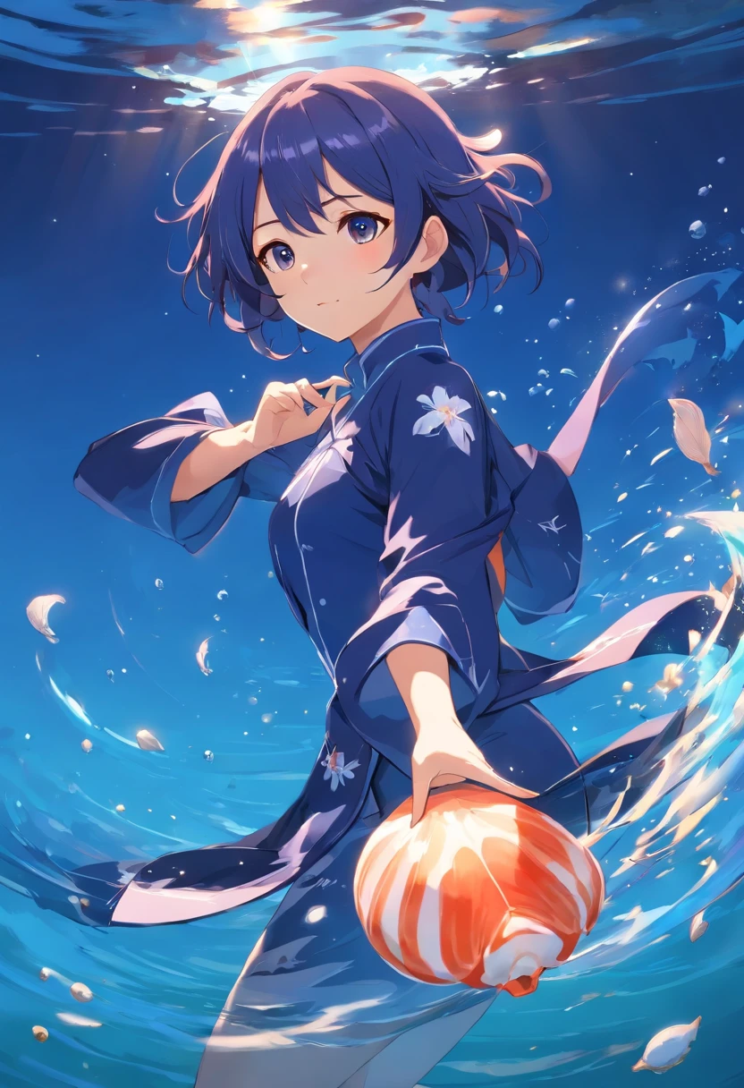 Une femme adulte. Genshin Impact style with Japanese-style clothing diving into the water with a shell in hand. Its eyes are dark blue and starry, Her are salmon-colored hair and very long
