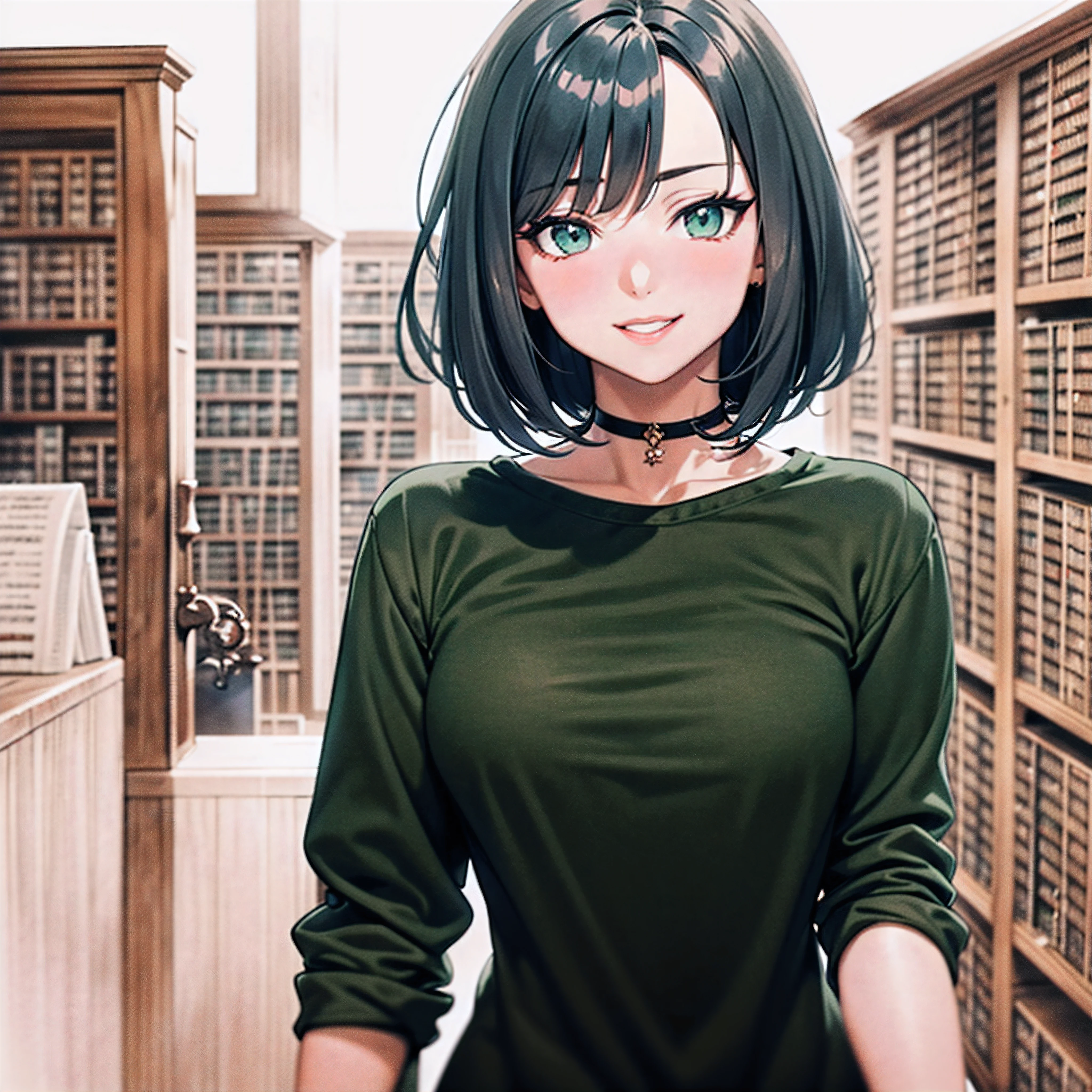 ((1girl:2)), ((solo)),((ultra sharp)),(((masterpiece))), (((best quality))), ((ultra-detailed)),((in library:2)), (highly detailed CG illustration), ((an extremely delicate and beautiful)),((From slight side)),((Near-black, deep muted dark green t-shirt:1.5)), ((Very dark green t-shirt:1.5)),((plain t-shirt:1.5)),(long sleeves:1.5),(Casual T-shirt), (The side of one arm is visible),(very loose T-shirt:1.2), (plain t-shirt), upper body,portrait of an anime girl, t-shirt,dark gray hair, (short hair), (dark green eyes:1.3), (straight hair:1.2),looking at viewer,smiling,bad-girl,mature female, anime girl with short hair, ((medium breasts:1.3)), cute natural anime face, detailed anime soft face, cute anime face, flat anime style shading, face anime portrait, made with anime painter studio, semirealistic anime style, perfect anime face, extremely cute anime girl face, high detailed face anime, pretty anime face, semi realistic anime, detailed anime face