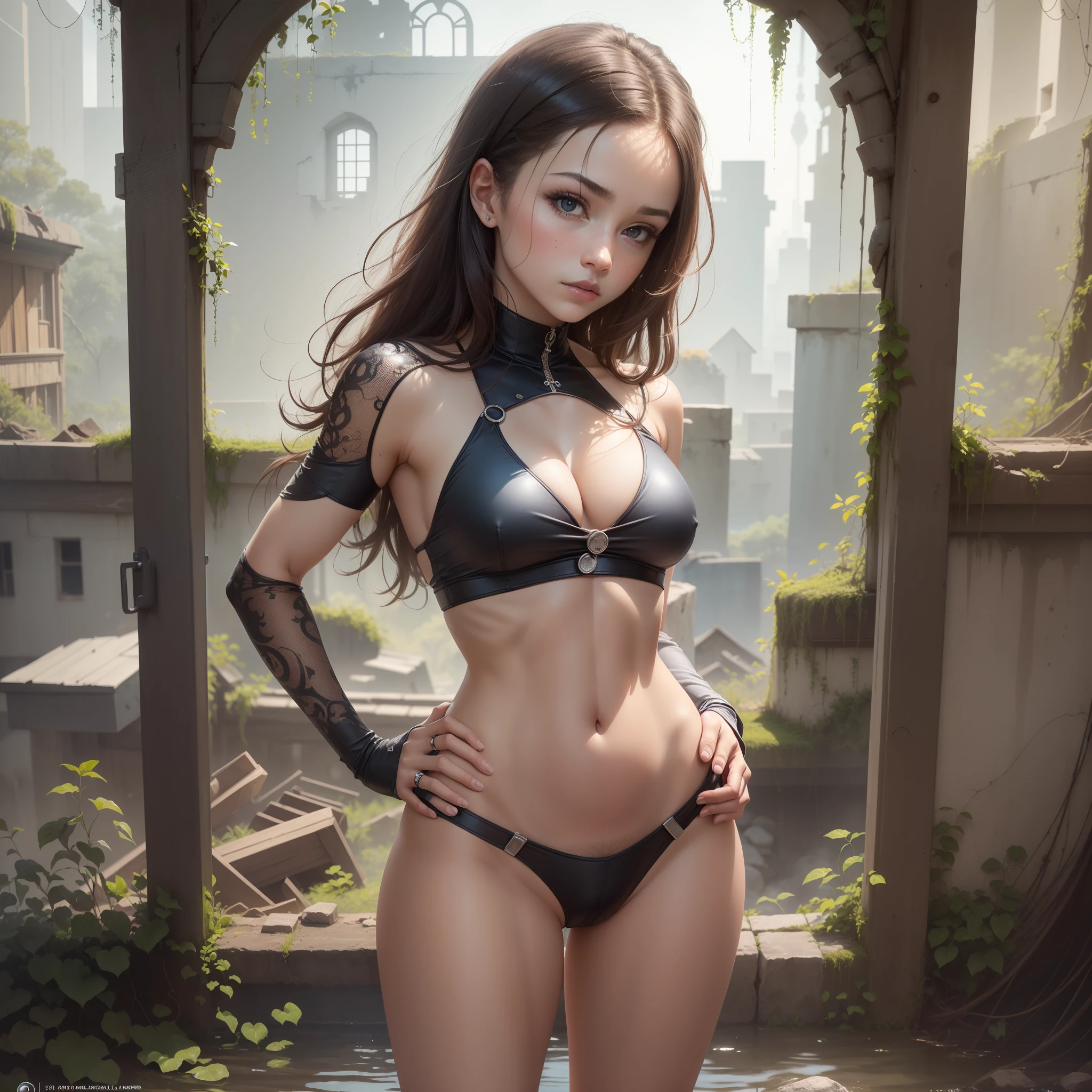 1girl, uma menina como salva-vidas, standing with hands on hips, looking at the floor, ao sol em uma torre salva-vidas branca, Swimming board, magro, Abs, Costelas, peito achatado, seios pequenos (anatomia perFeita), (Sobrancelhas detalhadas, Olhos bonitos, pele realista, Rosto detalhado:1. 3),Saia linha A,Cabelo em ouro rosa, Cabelos lisos,(intricately detailed post apocalyptic ruins ((intricately detailed rusty decayed overgrown building)) , ultra realistic, arte conceitual, elegante, altamente detalhado, intrincado, foco nítido, proFundidade de campo, F/1.8, 85 millimeters, medium shot, tiro no meio, (Centered image composition), (proFissionalmente colorido), ((luz diFusa suave brilhante)), volumetric fog, trending in instagram, Trending on Tumblr, HDR 4K, 8k ,