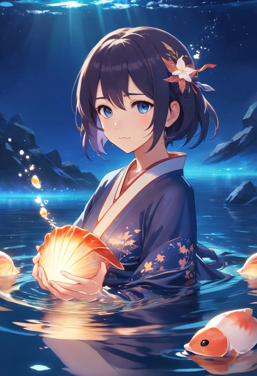 Une femme adulte. Genshin Impact style with Japanese-style clothing in the water with a shell in hand. Its eyes are dark blue and starry, Ses cheveux sont de couleur saumon. her hair is very long