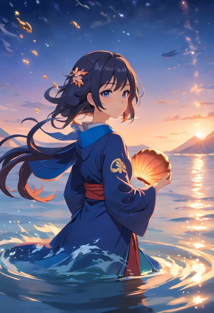 Une femme adulte. Genshin Impact style with Japanese-style clothing in the water with a shell in hand. Its eyes are dark blue and starry, Ses cheveux sont de couleur saumon. her hair is very long