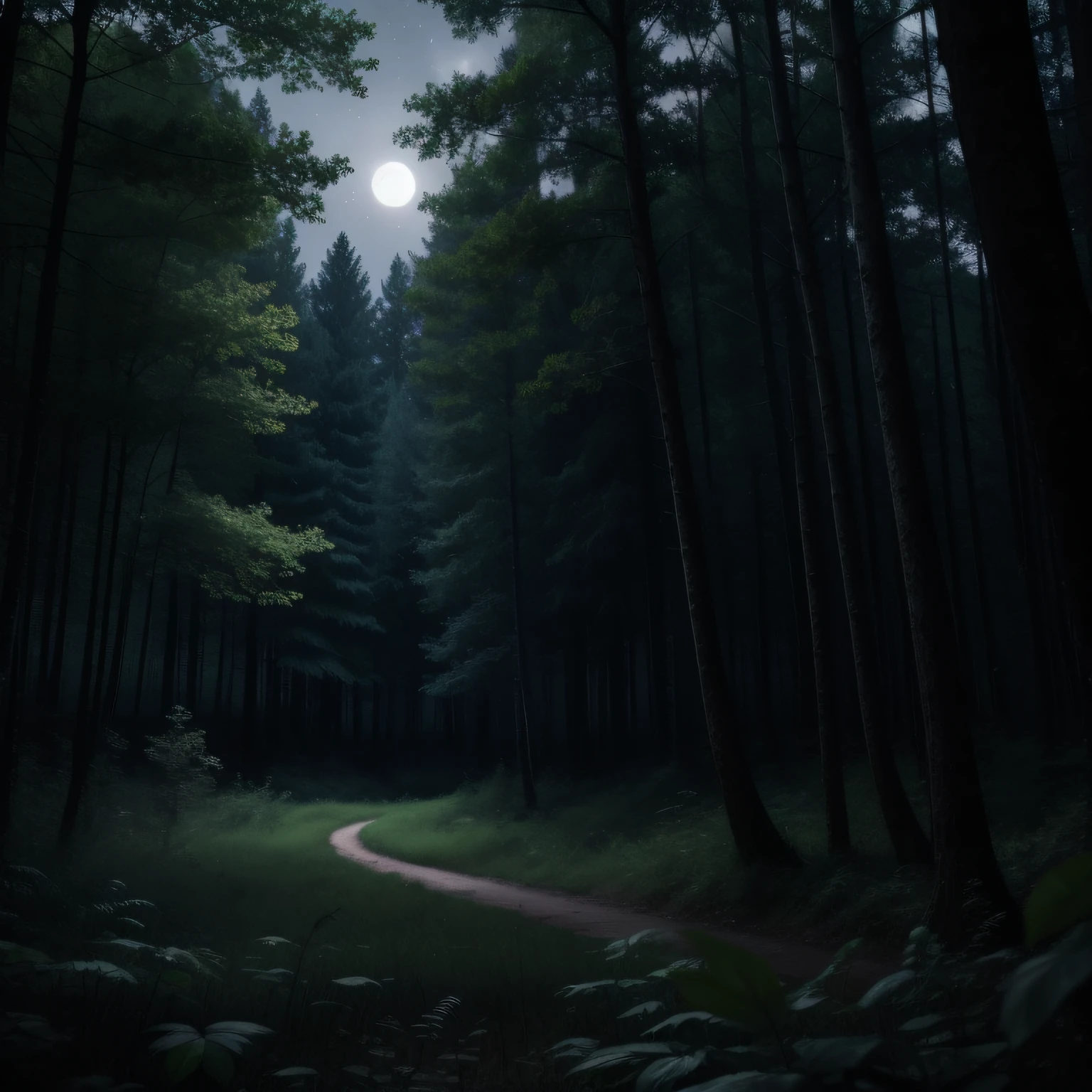 Forest at night,Flying fluorescent fireflies,Gray moonlight,dingdall effect