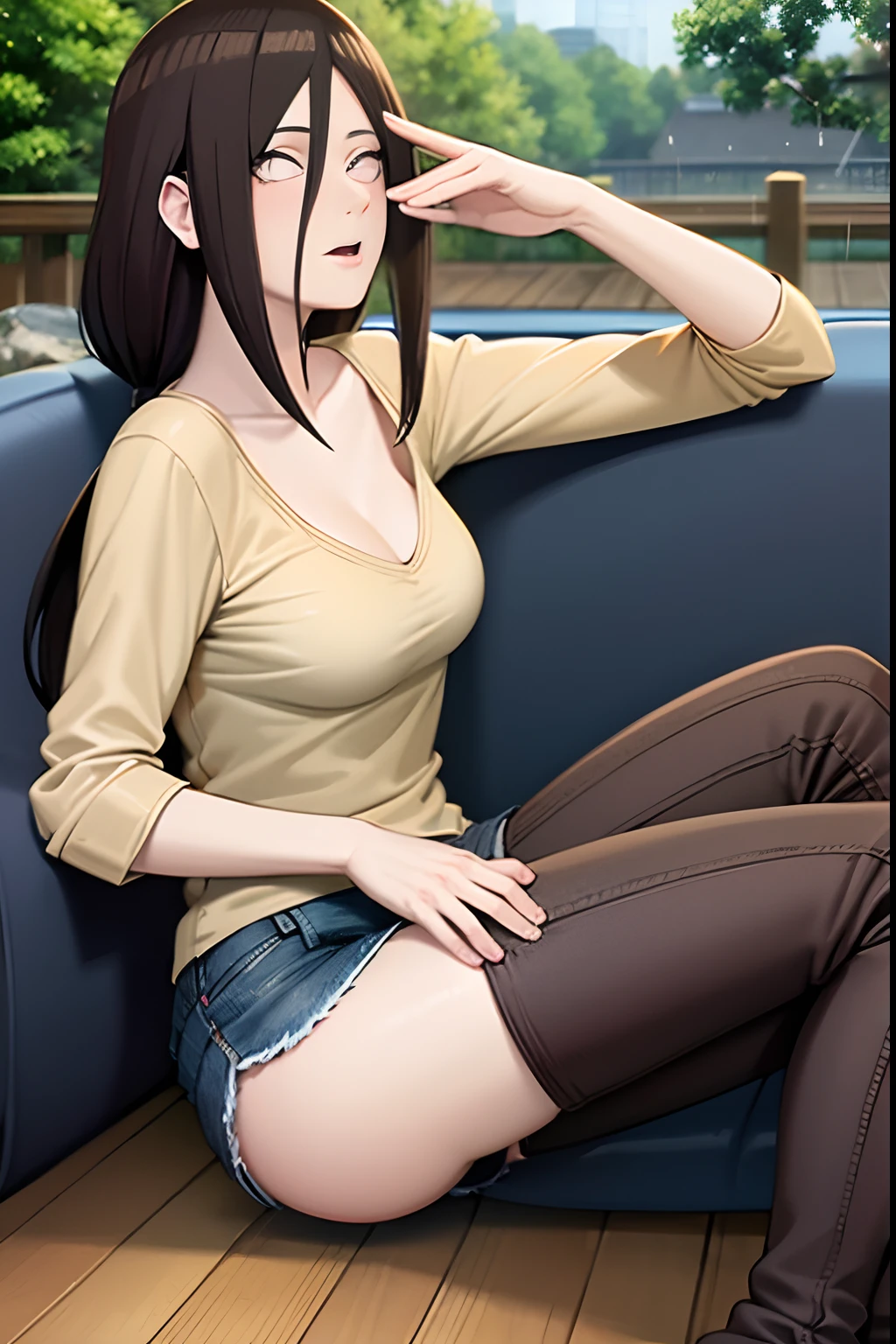 Masterpiece, Highly detailed, Best quality, 超高分辨率, 1girll, Solo,（Being in a hotel，sitting in the couch） , (Small breasts), Breasts, (over-size shirt，Neckline opening，Enchanting pose，tempting pose ), (Hana than Hinata:1), (Shorts | Pants | Miniskirt), cleavage, From the front side，（Outdoors，raining day）