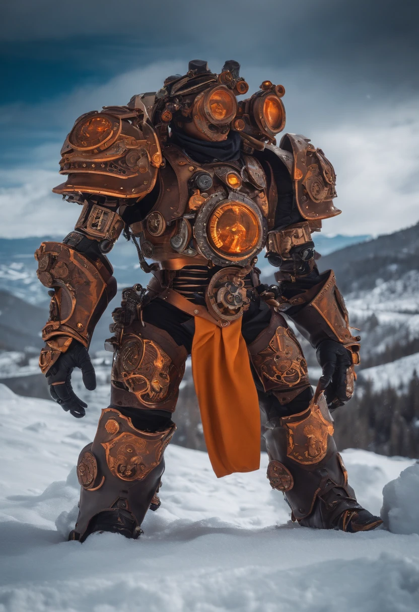 A steampunk-style mechanical warrior living being with orange metal plates on his body on a snowy mountain