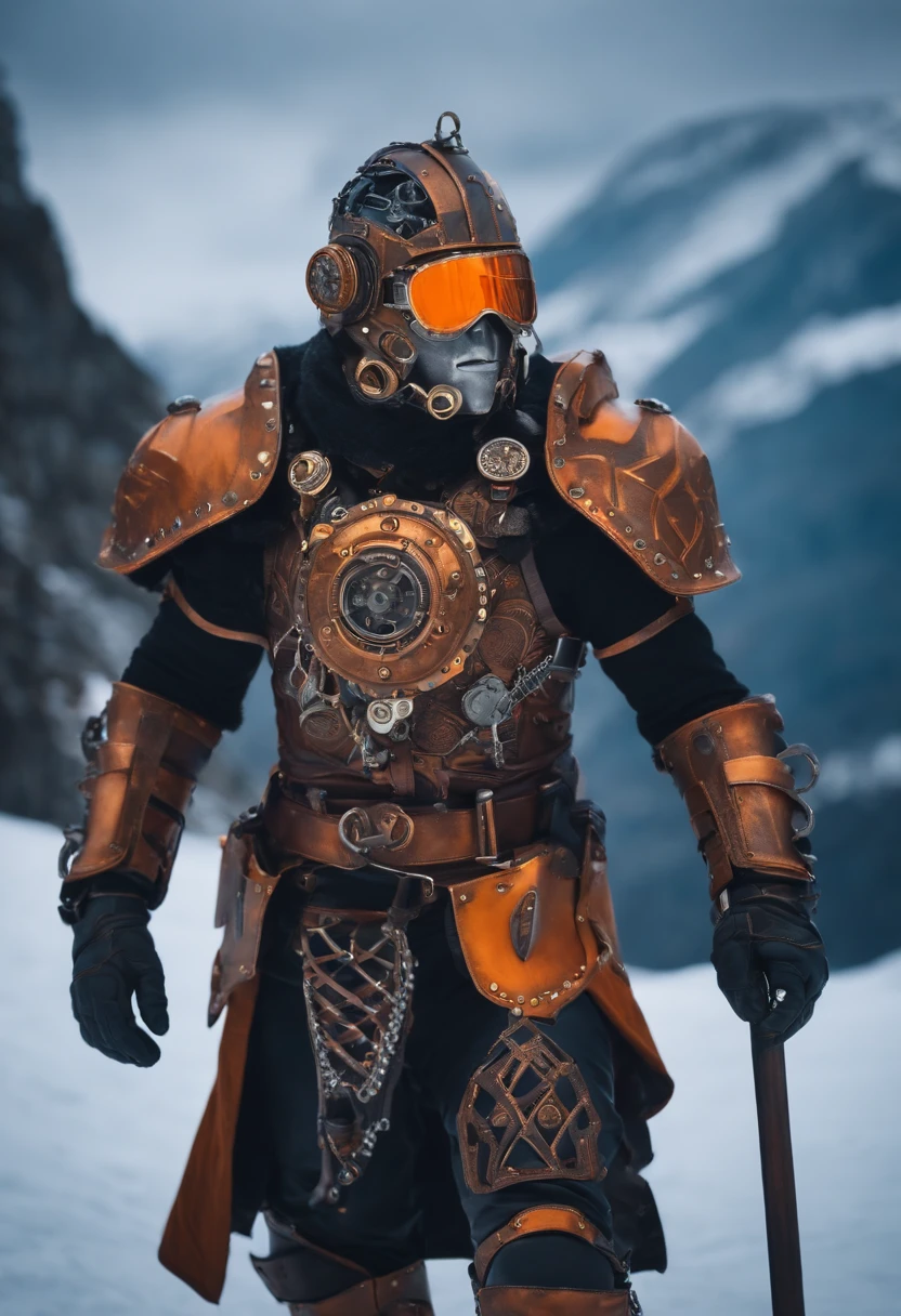 A steampunk-style mechanical warrior living being with orange metal plates on his body on a snowy mountain
