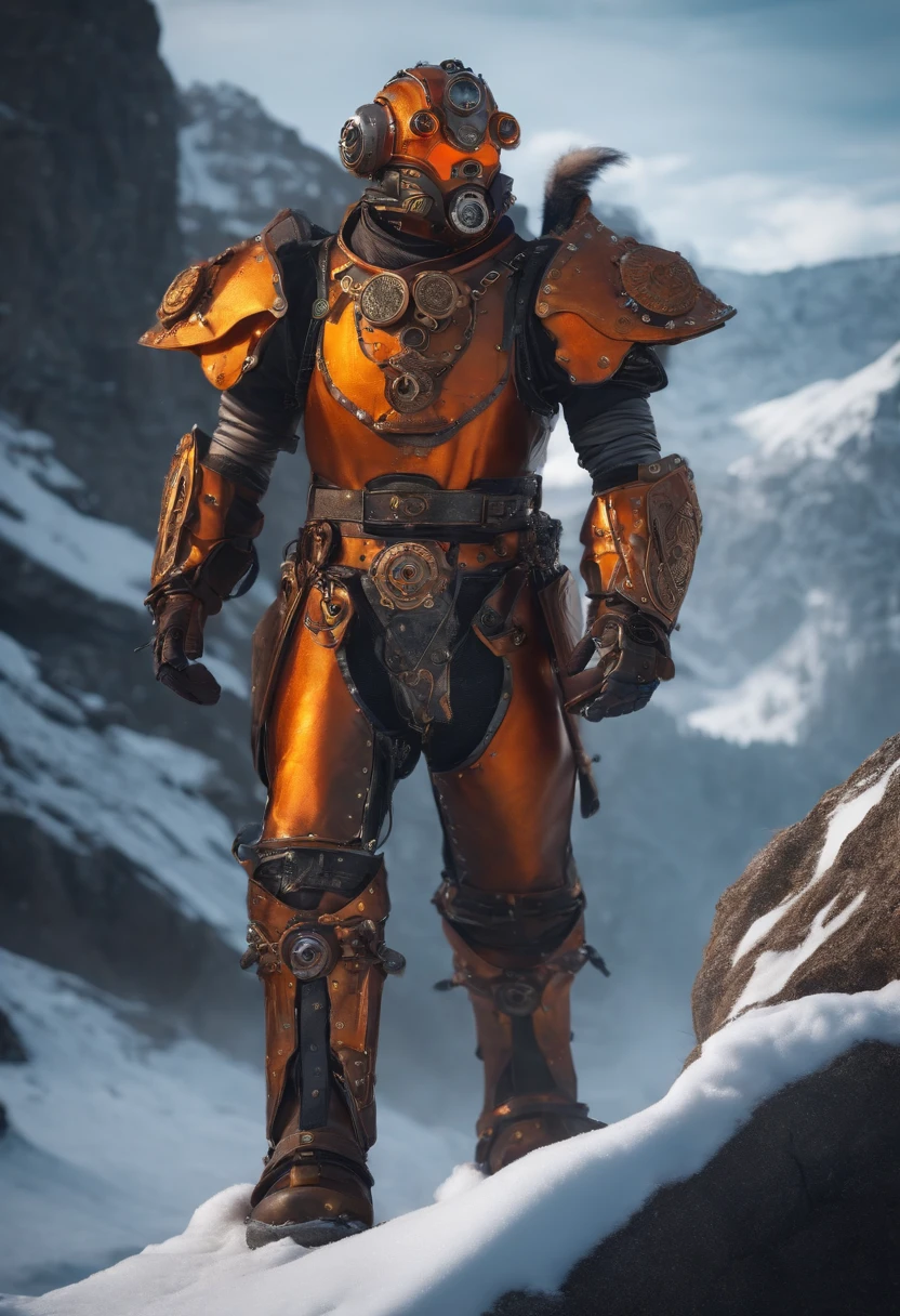 A steampunk-style mechanical warrior living being with orange metal plates on his body on a snowy mountain