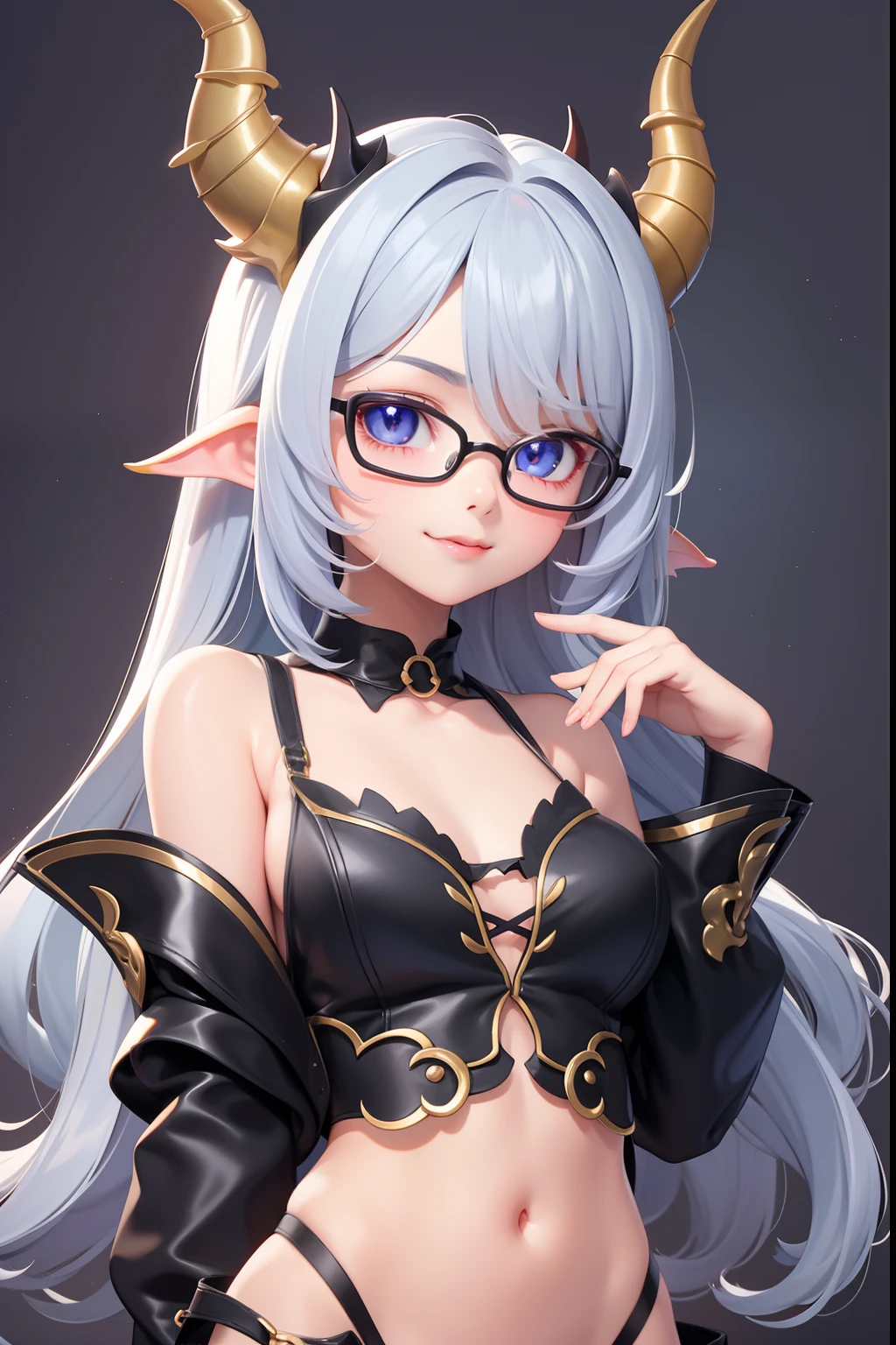1 cute dragon race. loli girl (18yo) glasses, dark eyes, upper body, slim waist, natural big breast, sexy pose, seductive expression, bangs, random hairstyle, cleavage, navel, collar, collarbone, off shoulder, seductive smile, wear intricately detail hot and sexy outfit, dragon costume, Olive color, wear unique helmet, random light color, upper body. flat gray color for background