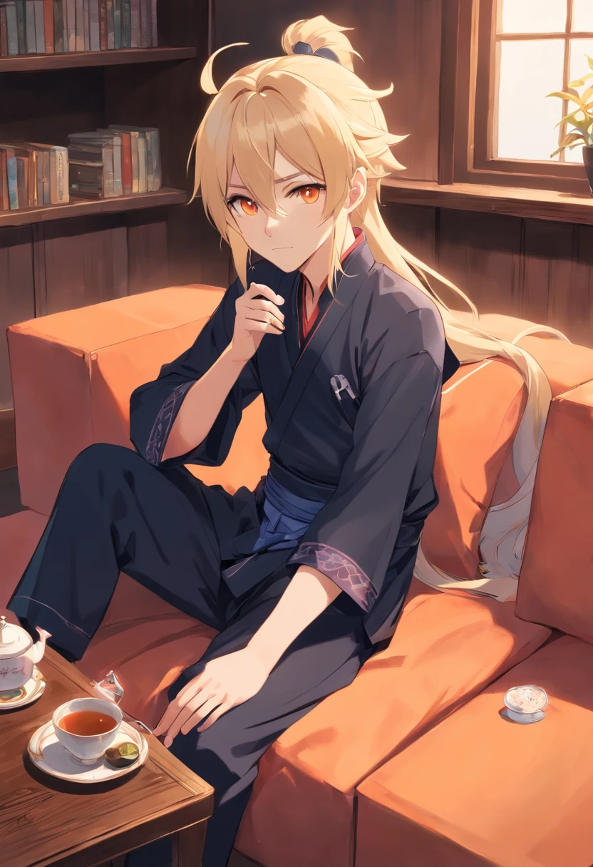 Anime boy.LIGHT BLONDE HAIR THAT FADES INTO VIBRANT PEACH, long hair In ponytail. Dark horns and traditional black Japanese wear. BIG, VIBRANT ORANGE EYES. GOD. MANLY MAN. Sitting on futon, drinking tea.