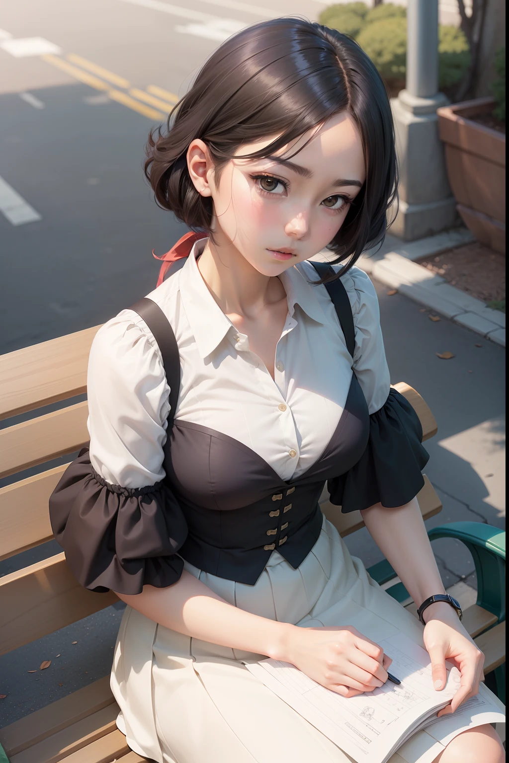 There is a drawing of a woman sitting on a bench, inspired by Yukihiko Yasuda, Linear sketch, anime style, Official illustration, Linear art, Manga style, Stylized portrait formal pose, Linear Sketch!!, Digital art of elegant, Animation for adults with cell shading, inspired by Leiko Ikemura, Digital Manga Art