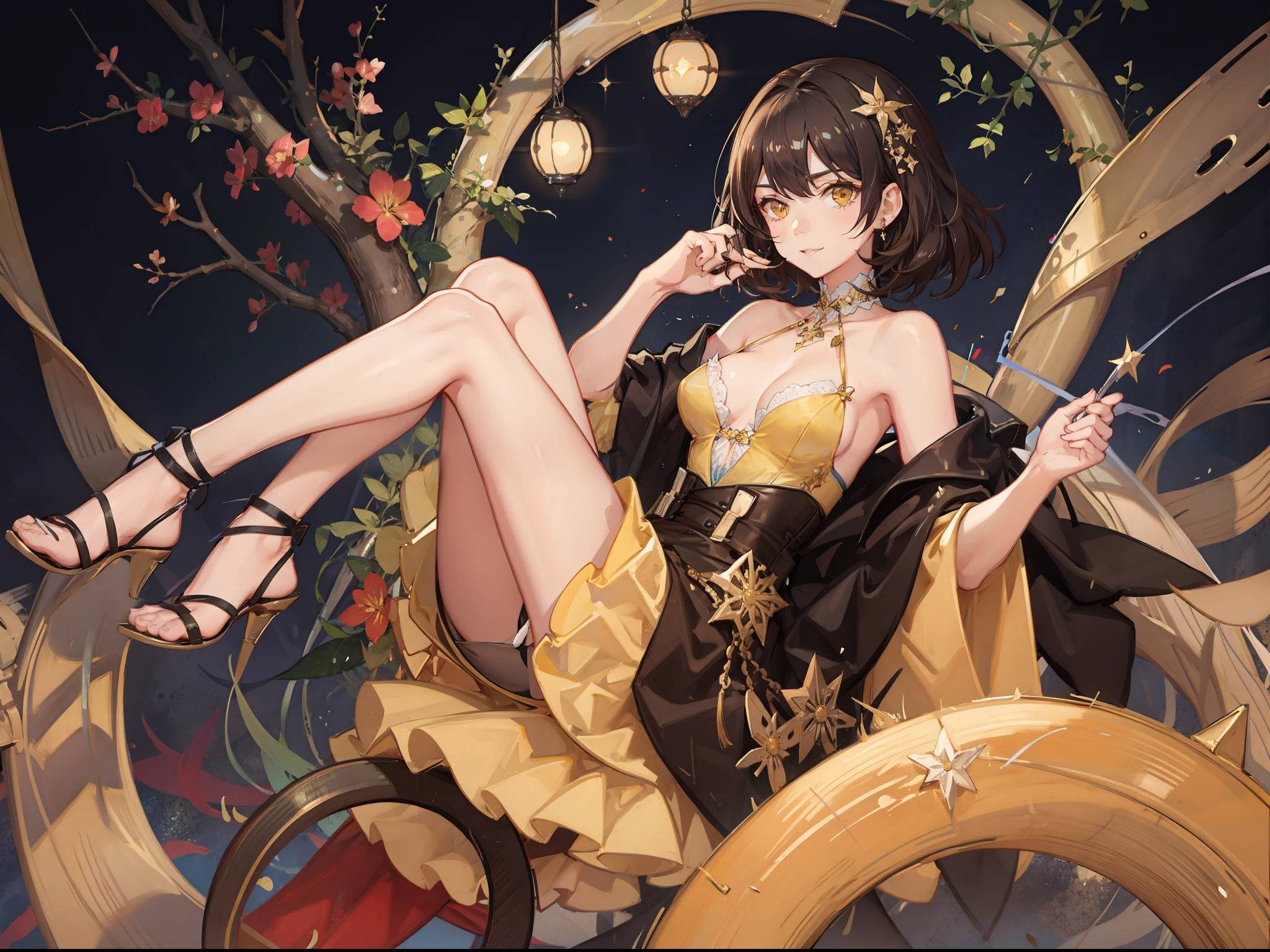 ((Best quality)), 1girl, really short curly hair, brown hair fading into yellow color, yellow eyes, kaleidoscopic patterns