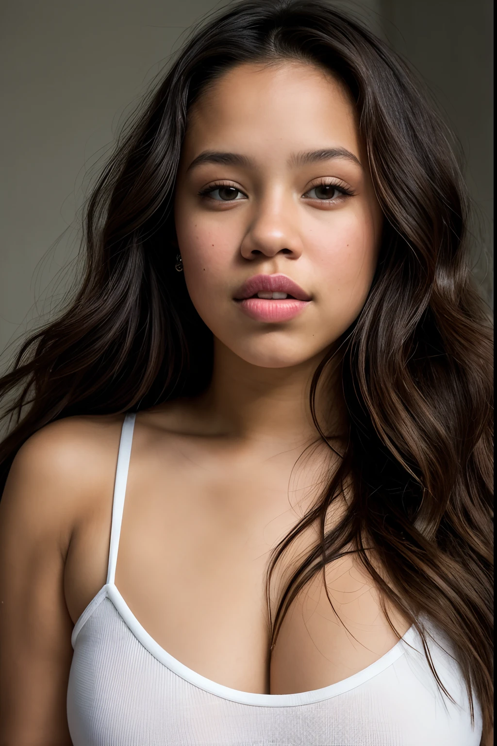 a portrait of a curvy Jenna Ortega looking straight at the camera, hyper-realistic face, realistic skin and texture. Lighting to lay emphasis on skin and texture.