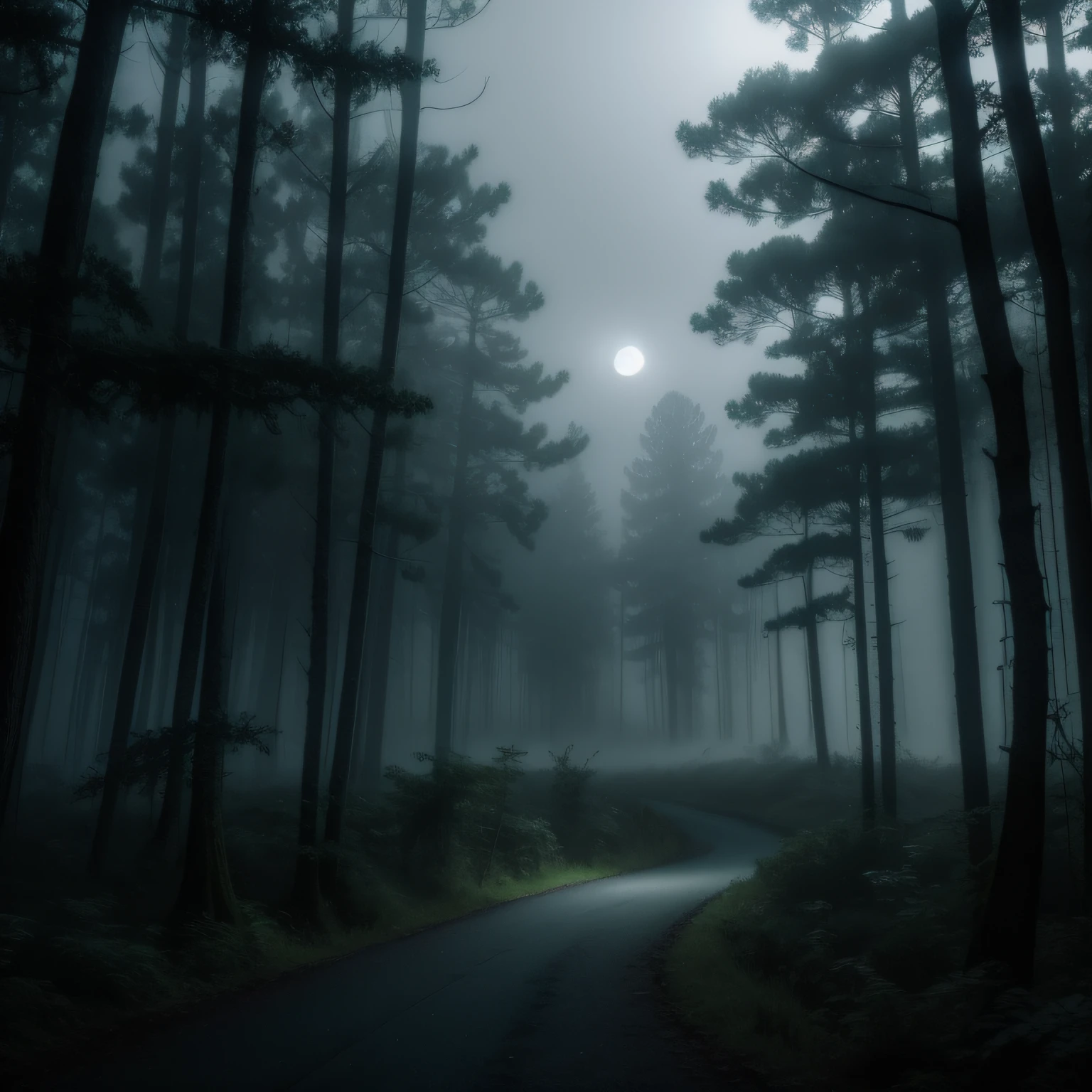 Forest at night，Fog surrounds，Flying fluorescent fireflies，Gray moonlight，Dingdall effect