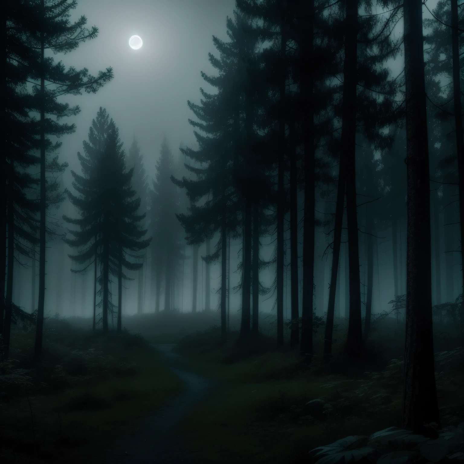 Forest at night，Fog surrounds，Flying fluorescent fireflies，Gray moonlight，Dingdall effect