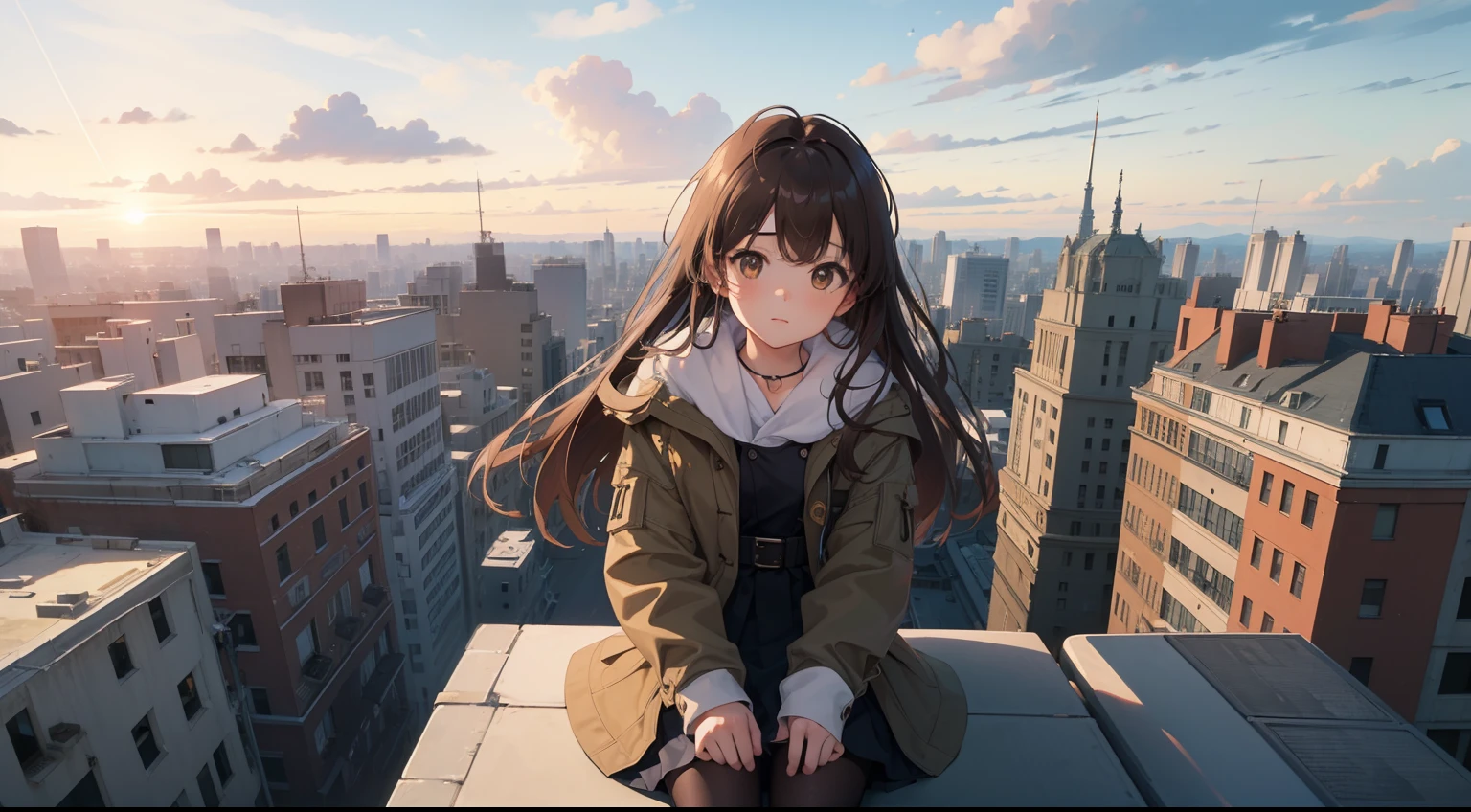 (masterpiece, best quality),from above , 1girl, solo, billboard, brown eyes, brown hair, building, city, cloudy sky, coat, boots, dutch angle, from above, , looking at viewer, outdoors, rooftop, sky, skyscraper, from above, li, sunset