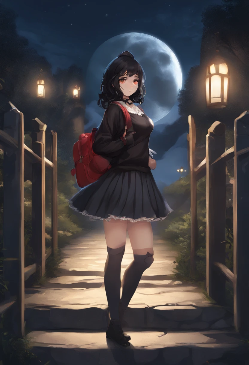 1girl, cute, catgirl, ,skirt, thigh highs, black hair, dark brown eyes, light skin, human eyes, fix eyes, round face, thick tighs, shcool girl, nsfw, 18 years old, night, full moon, stone fence behind ,mysterious, black clothing, red backpack