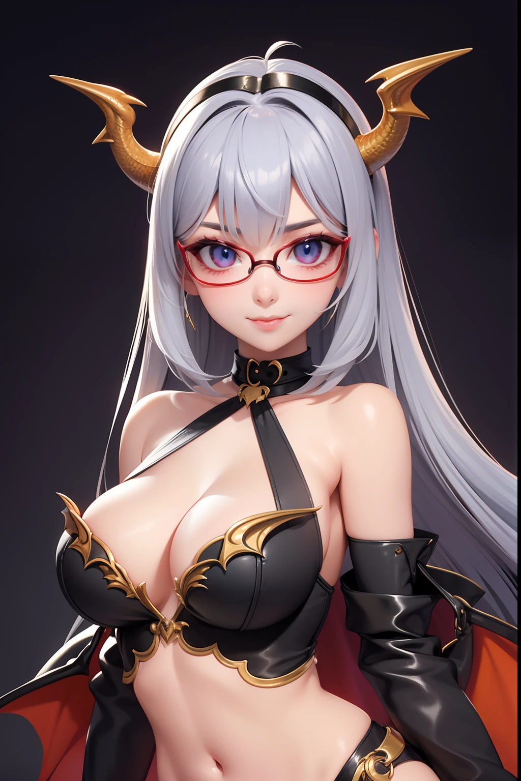 1 cute dragon race. sexy girl (18yo) glasses, dark eyes, upper body, slim waist, natural big breast, sexy pose, seductive expression, bangs, random hairstyle, cleavage, navel, collar, collarbone, off shoulder, seductive smile, wear intricately detail hot and sexy outfit, dragon costume, Olive color, wear unique helmet, random light color, upper body. flat gray color for background