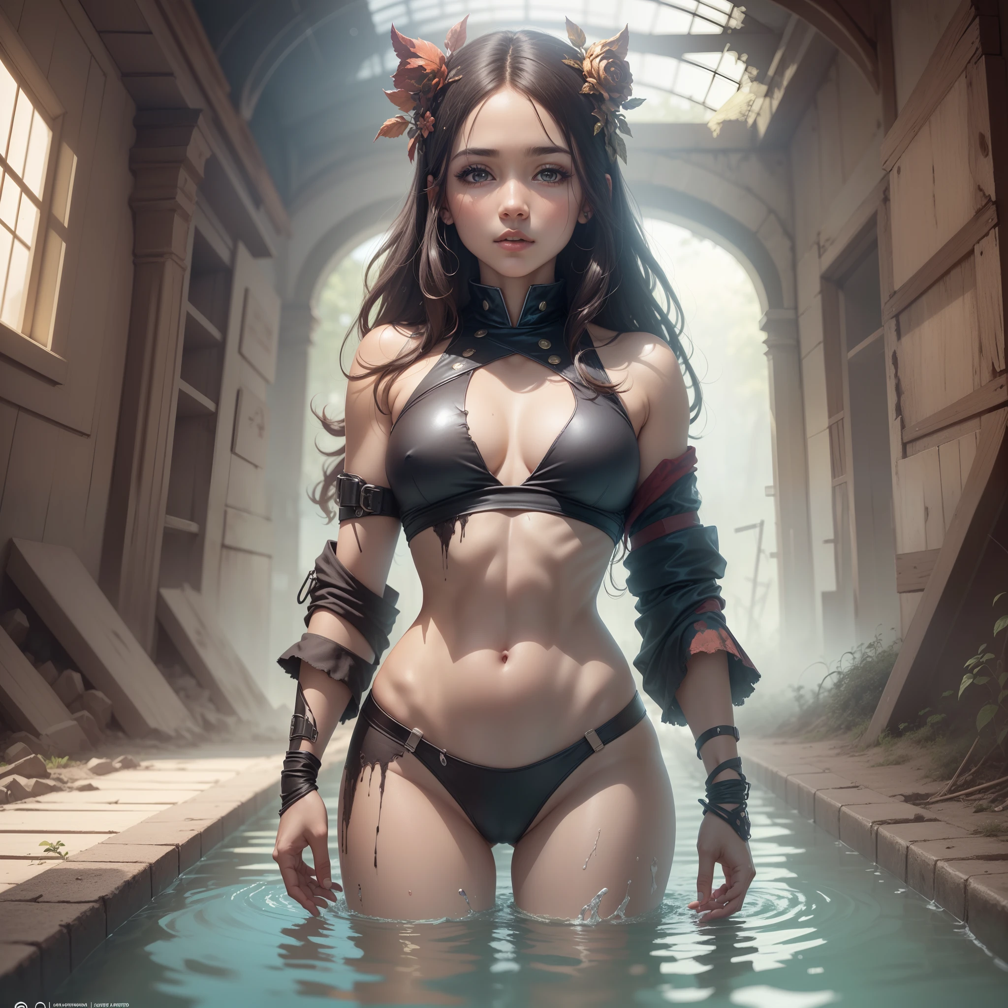 1girl, uma menina como salva-vidas, standing with hands on hips, looking at the floor, ao sol em uma torre salva-vidas branca, Swimming board, magro, Abs, Costelas, peito achatado, seios pequenos (anatomia perFeita), (Sobrancelhas detalhadas, Olhos bonitos, pele realista, Rosto detalhado:1. 3),Saia linha A,Cabelo em ouro rosa, Cabelos lisos,(intricately detailed post apocalyptic ruins ((intricately detailed rusty decayed overgrown building)) , ultra realistic, arte conceitual, elegante, altamente detalhado, intrincado, foco nítido, proFundidade de campo, F/1.8, 85 millimeters, medium shot, tiro no meio, (Centered image composition), (proFissionalmente colorido), ((luz diFusa suave brilhante)), volumetric fog, trending in instagram, Trending on Tumblr, HDR 4K, 8k ,