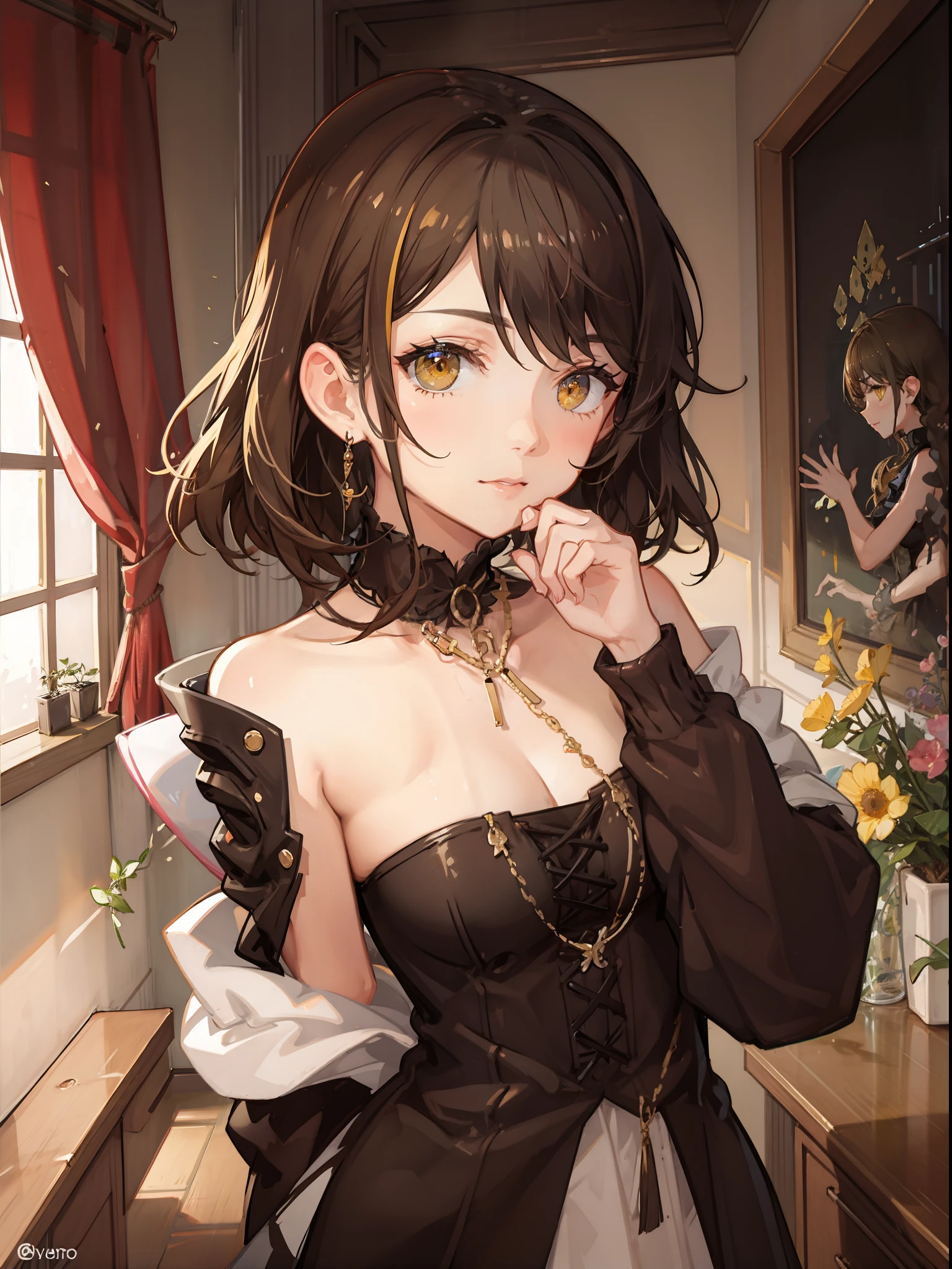 ((Best quality)), 1girl, really short curly hair, brown hair fading into yellow color, yellow eyes