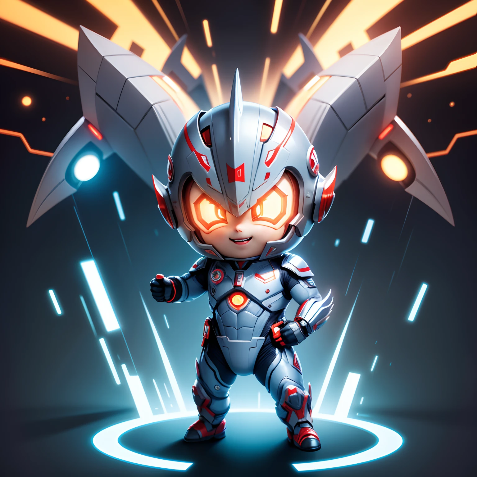 Ultraman is fully equipped,q posket,tchibi, Cute cute and happy,Cute quirky,movie light effect, 8K, highly detailed, 3D vector art, Cartoony, Isometric style, 4K rendering, younge boy,frontage,Punch