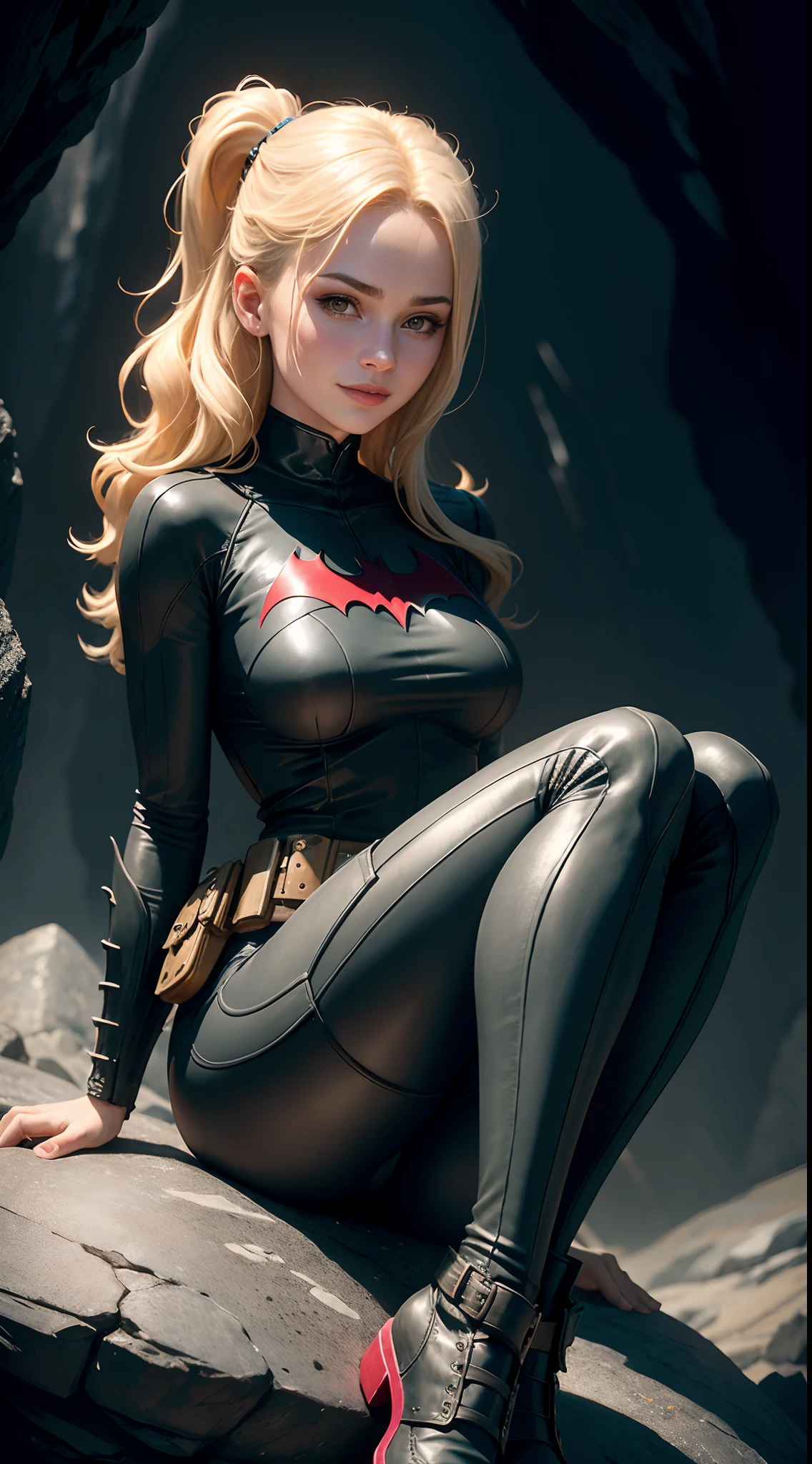 1girl, style of the Batwoman costume, medium breasts, Yellow Batman Logo on Chest and the belt, masterpiece, best quality, detailed skin texture, detailed cloth texture, beautiful detailed face, intricate details, ultra detailed, Blonde hairstyle,  Smile, sitting on the rocks, separate the legs, separate the legs wide, one hand on her Chin, bottom Engles, from below, ( in the Dark Cave), (Best quality, A high resolution, Photorealistic, primitive, 8K,Masterpiece, ),Best quality, Masterpiec8K.hdr. High ribs:1.2, filmgrain, Blur bokeh:1.2, Lens flare, (vivd colour:1.2), (Delicate),