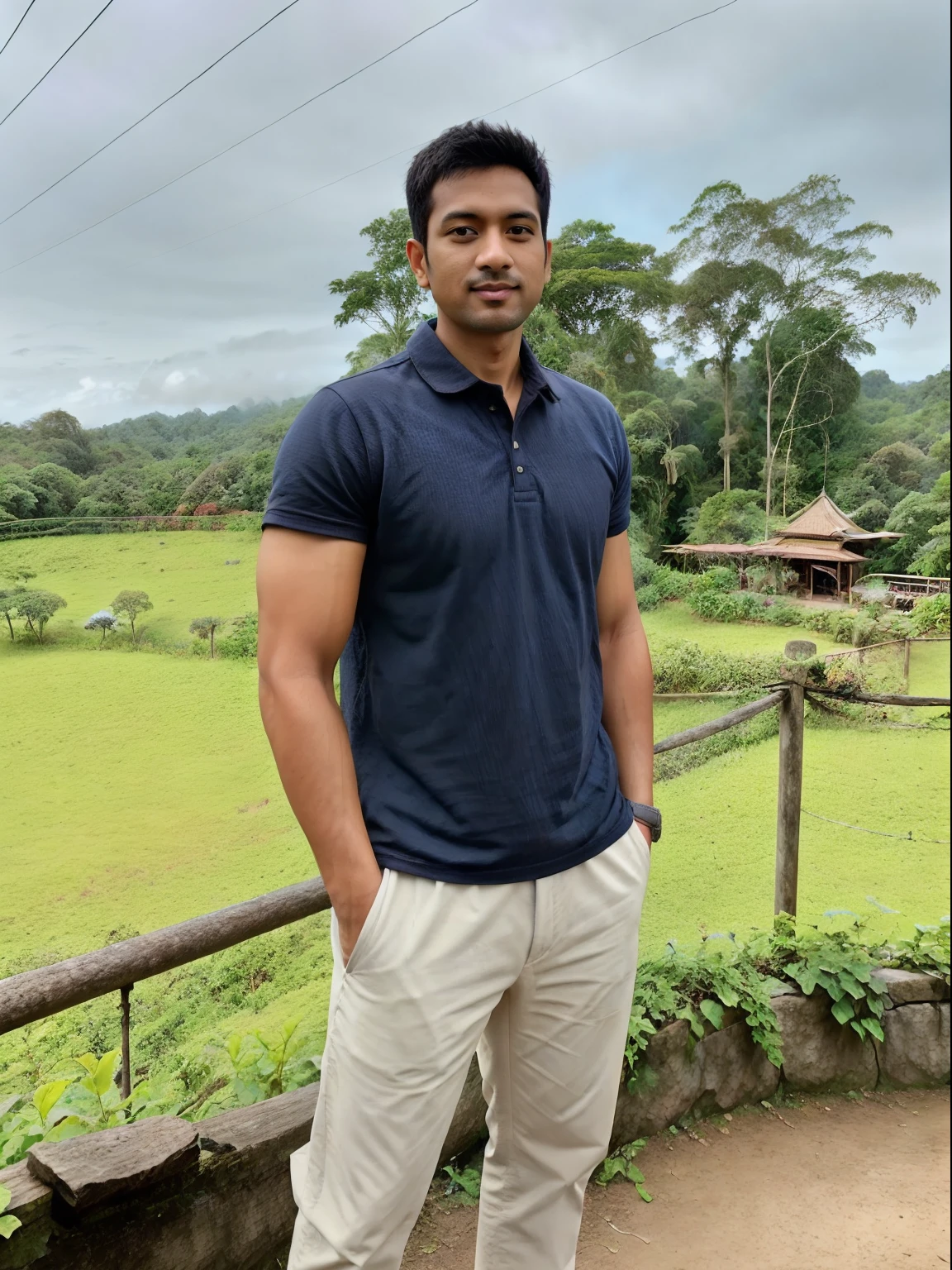 arafed man standing on a deck with a bunch of plants, standing in a botanical garden, full body photogenic shot, about 3 , in front of a forest background, jayison devadas, with a park in the background, jungles in the background, hills in the background, amidst nature, in a scenic background