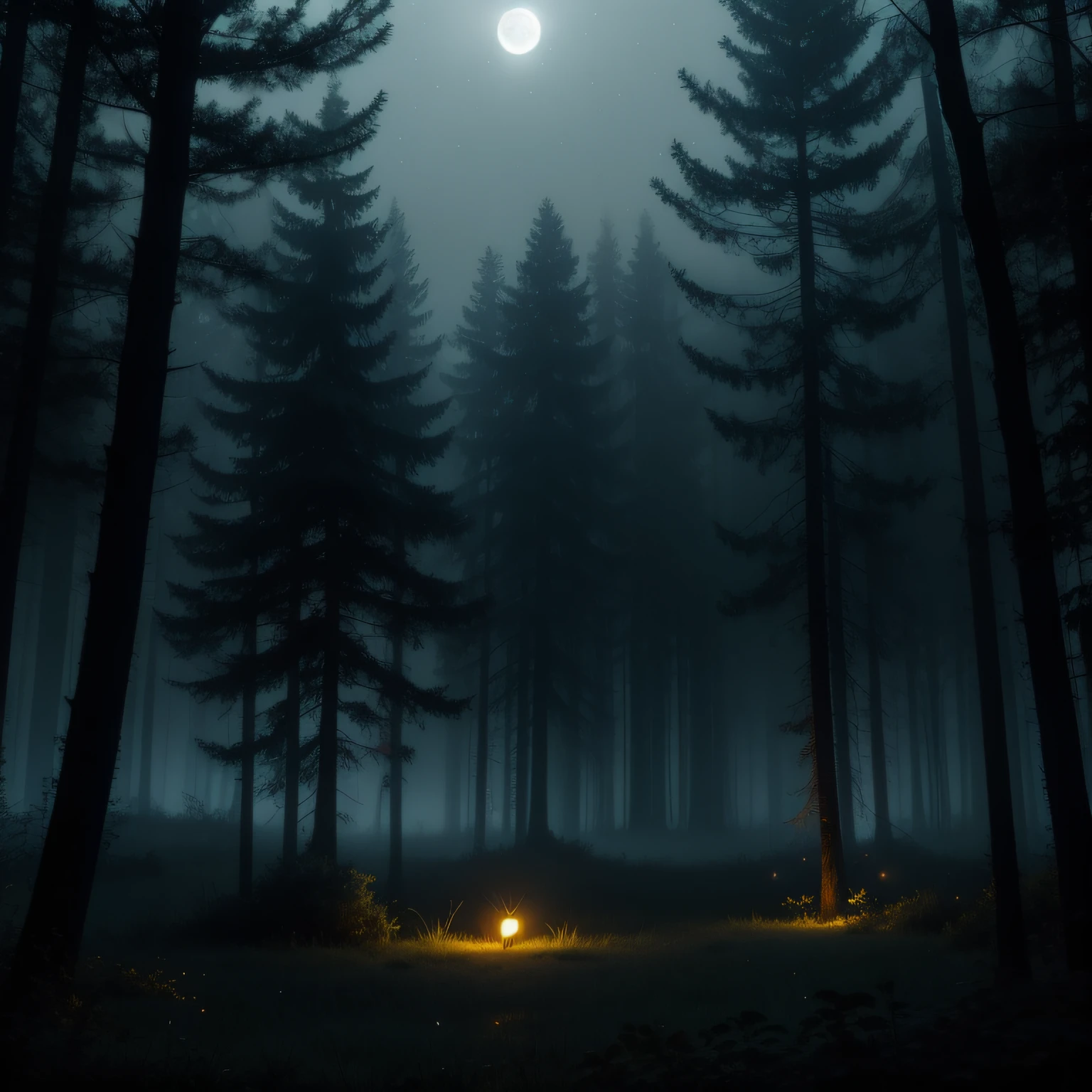 Forest at night，Fog surrounds，Flying fluorescent fireflies，glowing firebugs，Gray moonlight，Dingdall effect