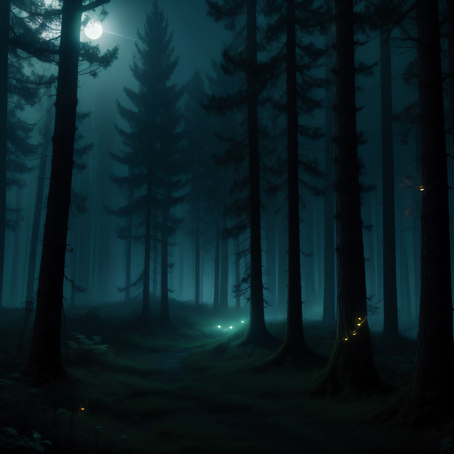 Forest at night,Fog surrounds,Flying fluorescent fireflies,glowing firebugs,Gray moonlight,Dingdall effect