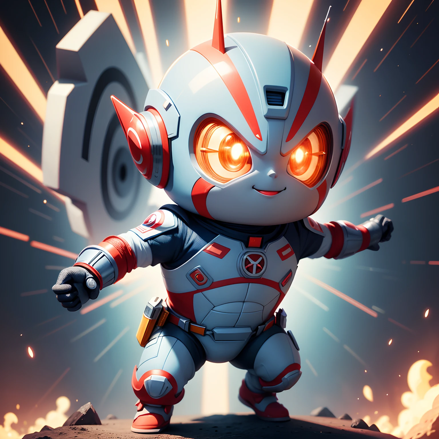 Ultraman is fully equipped,q posket,tchibi, Cute cute and happy,Cute quirky,movie light effect, 8K, highly detailed, 3D vector art, Cartoony, Isometric style, 4K rendering, younge boy,frontage,Punch