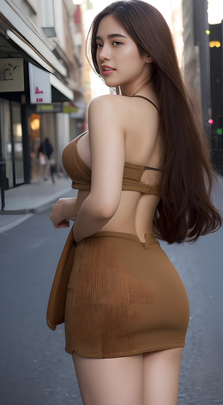 ((top-quality、8K、​masterpiece：1.3))、foco nítido：1.2、Beautiful Women in Perfect Style：1.4、Full Bord Bill Four、Slender Abs：1.2、((dark brown hair、Colossal tits：1.2))、(Dark light、In the street:1.1)、Colossal tits、My chest is about to tear、Plump body、Highly detailed facial and skin texture、A detailed eye、二重まぶた、Tear bag、stunningly beautiful face、Unclear、Transparent skin、20 years old、Beautiful Big Bust、Beautiful even from the outside、Whole body, Long leg,A look of shame、Bust is larger than H cup、Exposing cleavage、Violent,Pale lighting, tight short skirt、Tight clothes、thin clothes、closed thin lips、Date arrangements、Casual clothing、Sweaty body、Feelings of first love、A smile、Perfect coordination、big butts、Exposed skin、frustration、The desire to have sex is on the expression