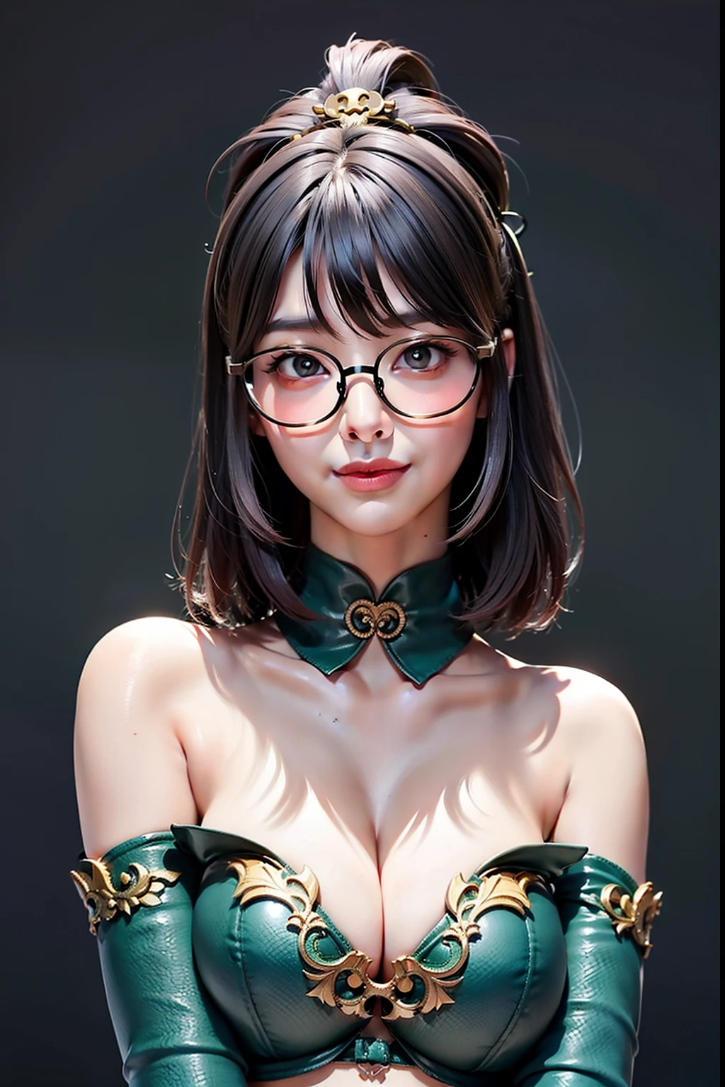 1 cute dragon race. sexy girl (18yo) glasses, dark eyes, upper body, slim waist, natural big breast, sexy pose, seductive expression, bangs, random hairstyle, cleavage, navel, collar, collarbone, off shoulder, seductive smile, wear intricately detail hot and sexy outfit, dragon costume, Olive color, wear unique helmet, random light color, upper body. flat gray color for background