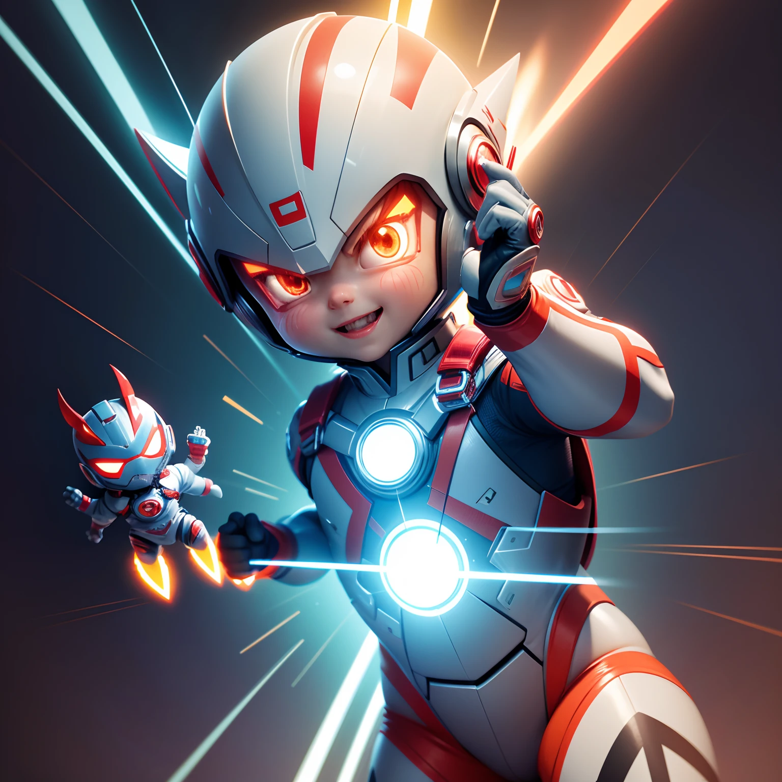 Ultraman is fully equipped，q posket，tchibi, Cute cute and happy,Cute quirky，movie light effect, 8K, highly  detailed, 3D vector art, Cartoony, Isometric style, 4K rendering, younge boy，frontage，Zamabu