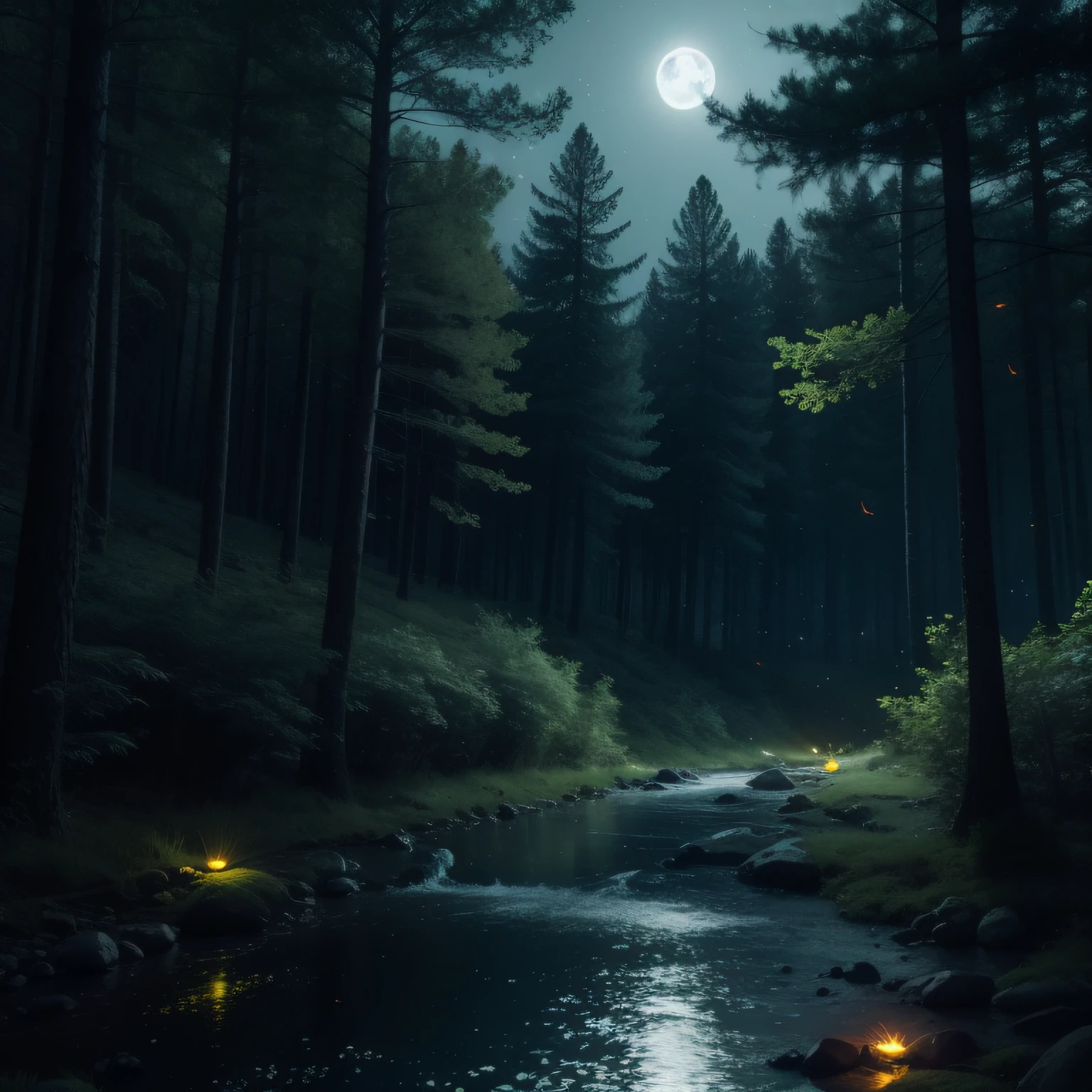 Forest at night，Flying fluorescent fireflies，glowing firebugs，Gray moonlight，Dingdall effect，Glowing little river