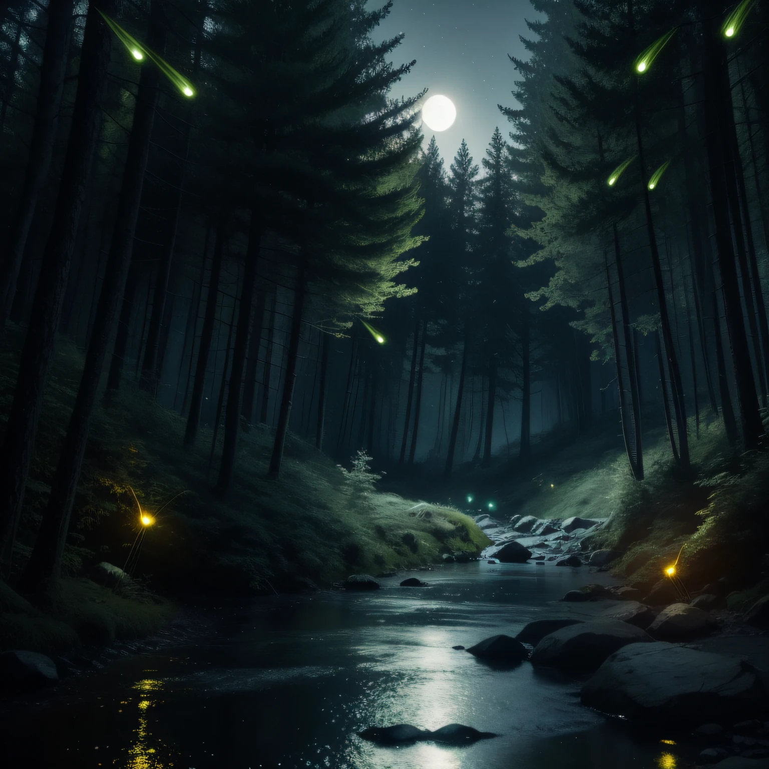 Forest at night,Flying fluorescent fireflies,glowing firebugs,Gray moonlight,Dingdall effect,Glowing little river