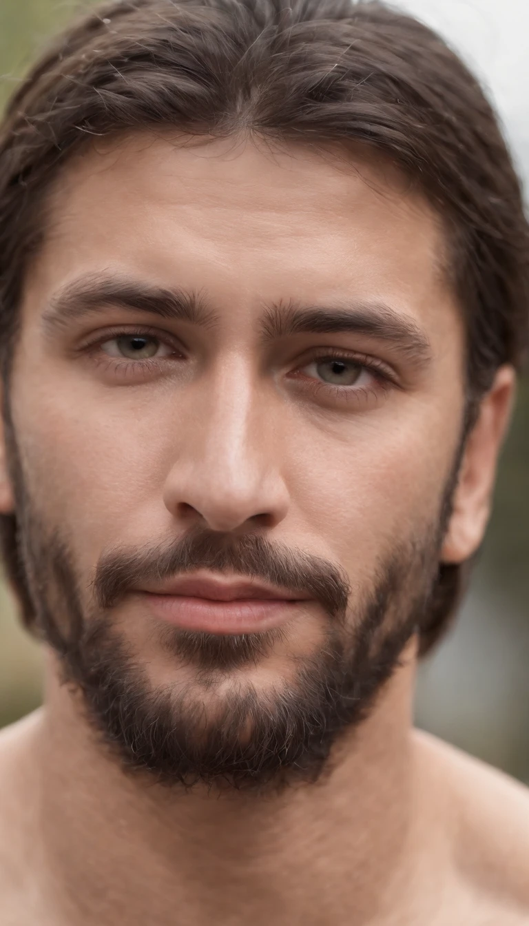 1Homem parecido com Jesus, lindo, olhando de frente1.1)cabelos longos, cabelos longos, medium beard, cabelo liso, cabelos longos, face realista, olhos castanhos, sozinho, (鎖骨:1.3), cabelos castanhos claros, (pele brilhante:0.8),(master part:1.4),(melhor qualidade:1.4), natural, realistic lips, roupa de Jesus, (sheer areola), (tecidos puros),ao ar livre, Dia, luzes do Sol , daytime period.