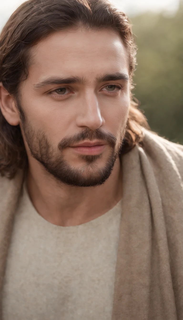 1Homem parecido com Jesus, lindo, olhando de frente1.1)cabelos longos, cabelos longos, medium beard, cabelo liso, cabelos longos, face realista, olhos castanhos, sozinho, (鎖骨:1.3), cabelos castanhos claros, (pele brilhante:0.8),(master part:1.4),(melhor qualidade:1.4), natural, realistic lips, roupa de Jesus, (sheer areola), (tecidos puros),ao ar livre, Dia, luzes do Sol , daytime period.