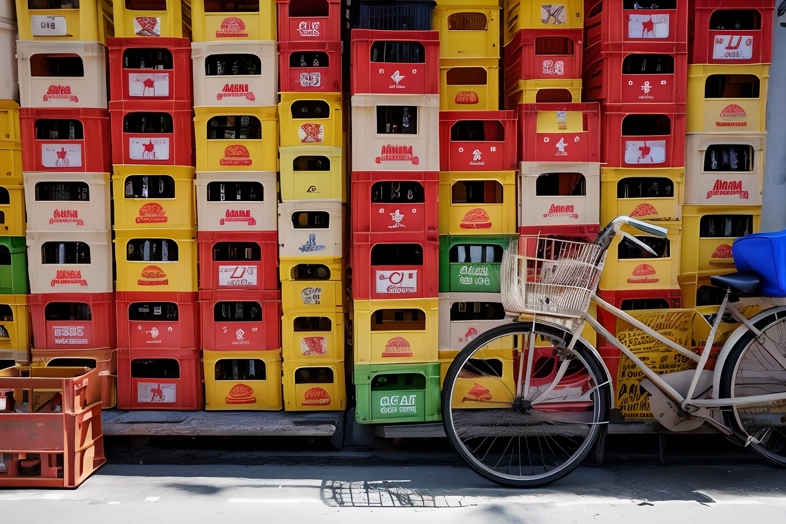 Bicicleta estacionada em frente a um muro de caixotes, unusual composition, garrafas de cerveja, Bicicletas, Directed by: Werner Gutzeit, elaborate composition, Directed by: Konrad Witz, interesting composition, Kreuzberg, ffffound, Directed by: Daniel Lieske, vermelho+cores amarelas, esquema vermelho e amarelo, Directed by: Karl Völker, bicicleta no fundo
