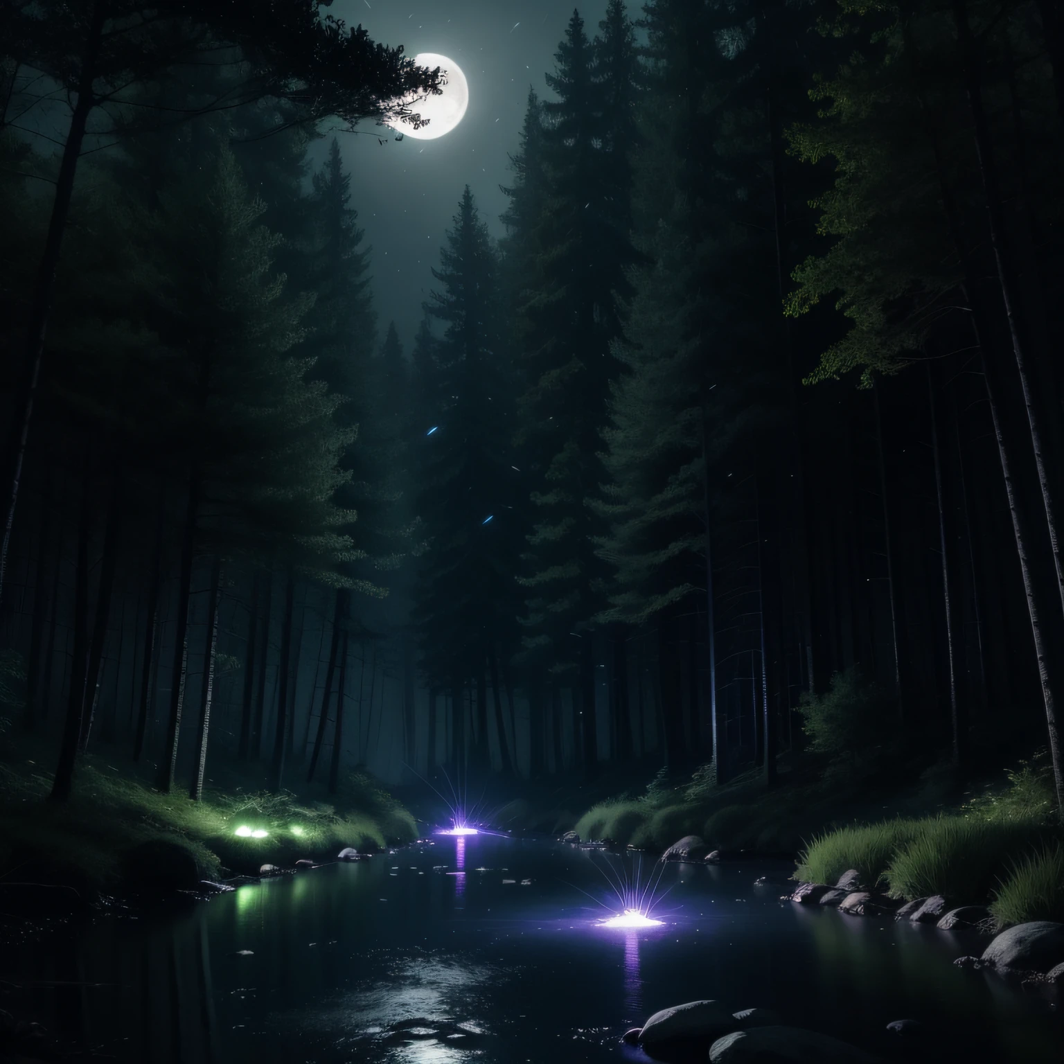 Forest at night，Flying fluorescent fireflies，glowing firebugs，Gray moonlight，Dingdall effect，Glowing little river
