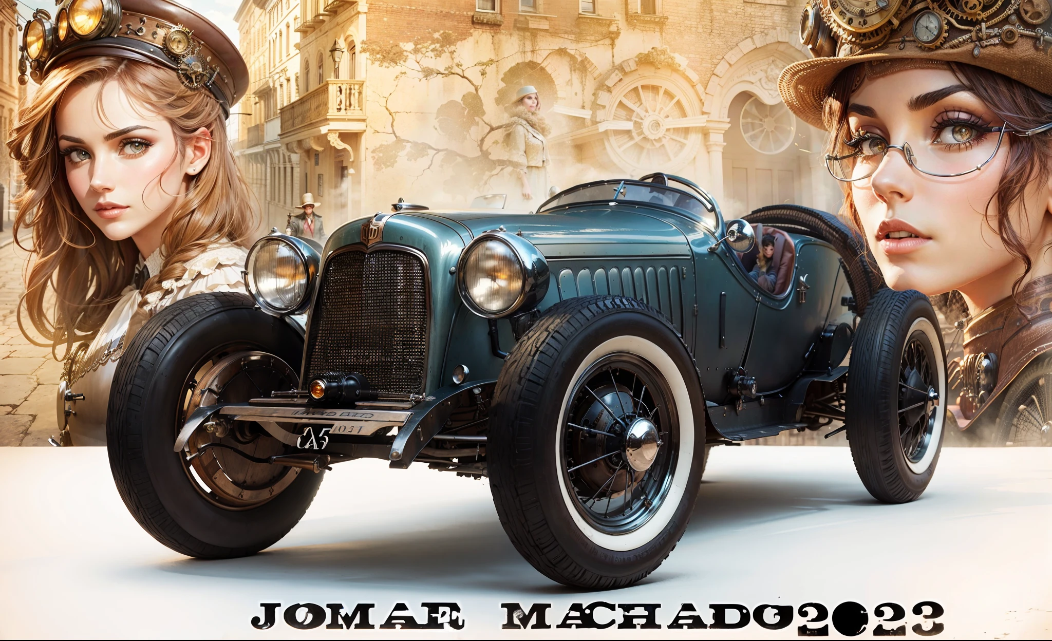 Vintage car in the foreground with two beautiful steampunk women in the background in front of steampunk buildings