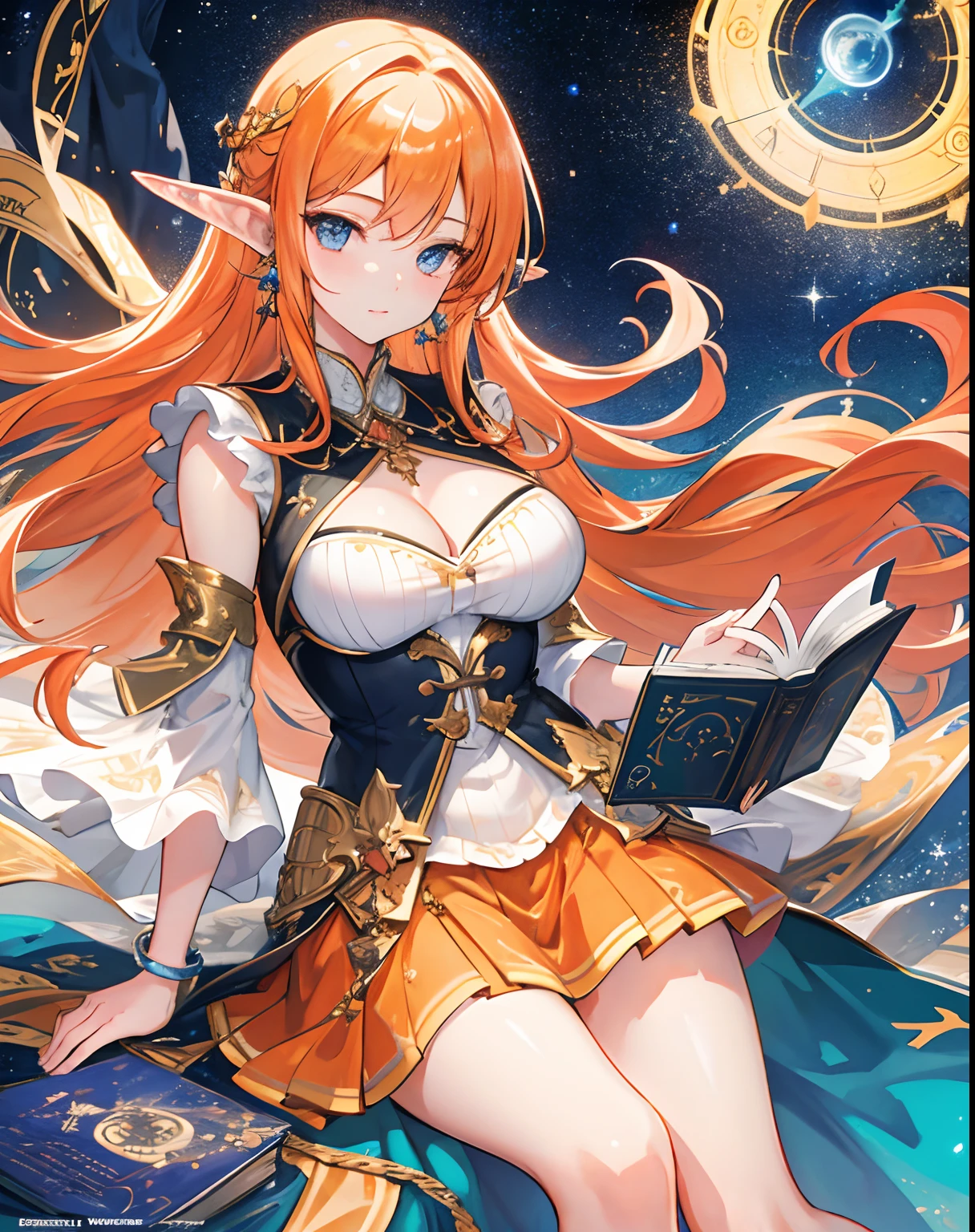Beautiful sexy pregnant female sorceress, elegant formal detailed and tight white dress with orange details, blue gems, mature, bunny ears, orange hair, piercing blue eyes, cleavage, seductive, revealing pose