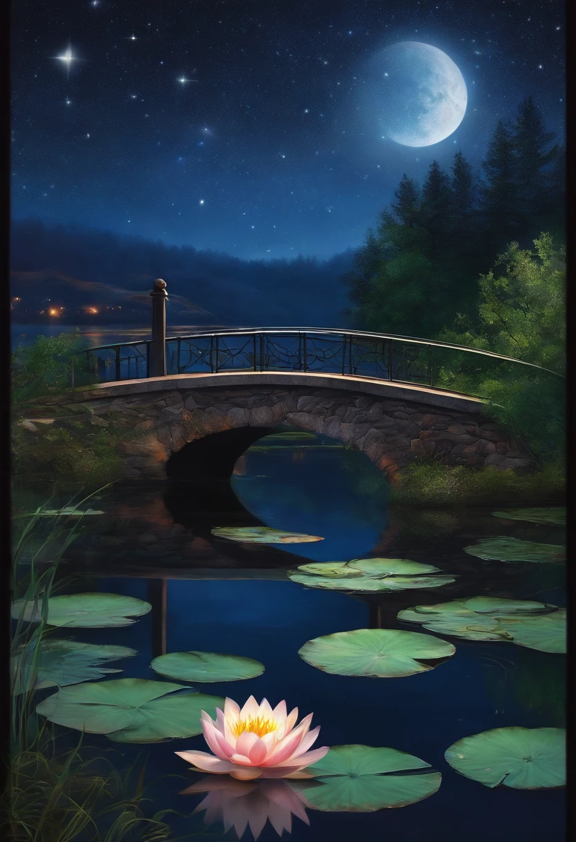 Colored line art night quiet starry sky and lake water, water lily, Bridge, Very realistic and detailed painting, pencil, Colored pencils