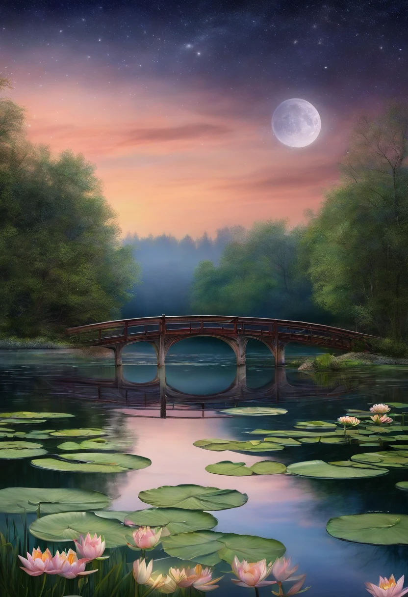 Colored line art night quiet starry sky and lake water, water lily, Bridge, Very realistic and detailed painting, pencil, Colored pencils