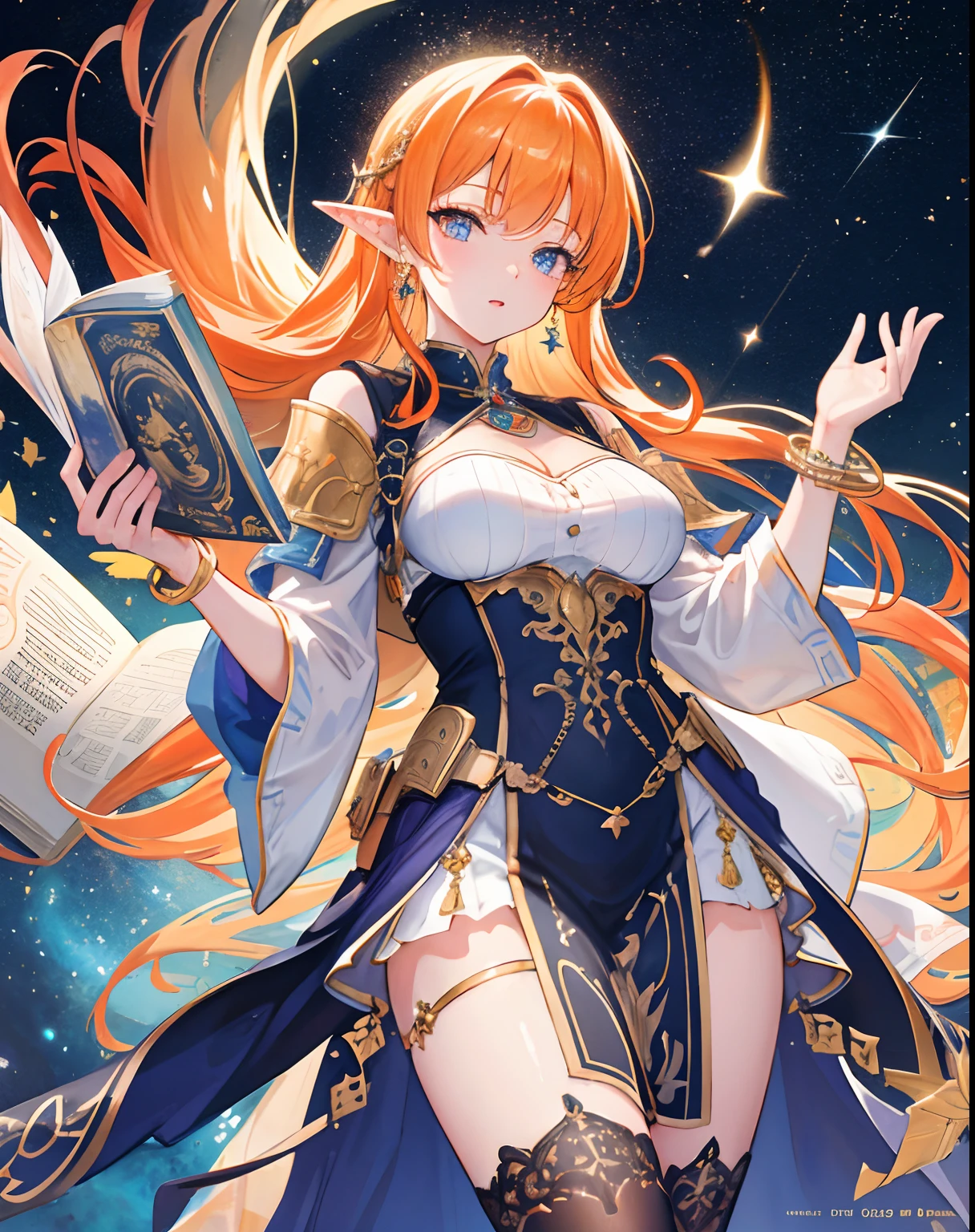 (masterpiece, best quality, extremely detailed CG, beautiful detailed eyes, ultra-detailed, intricate details:1.2), 8k wallpaper, elaborate features, character art splash page
(1girl) with long hair, golden orange hair, short elf ears, looking at viewer, gold bodice, bright eyes, earring, ankle bracelets,  large breasts,
 blue flame, magic surrounds, book,pages flying all over the sky,magic circle, starry galaxy, elegant pallisade